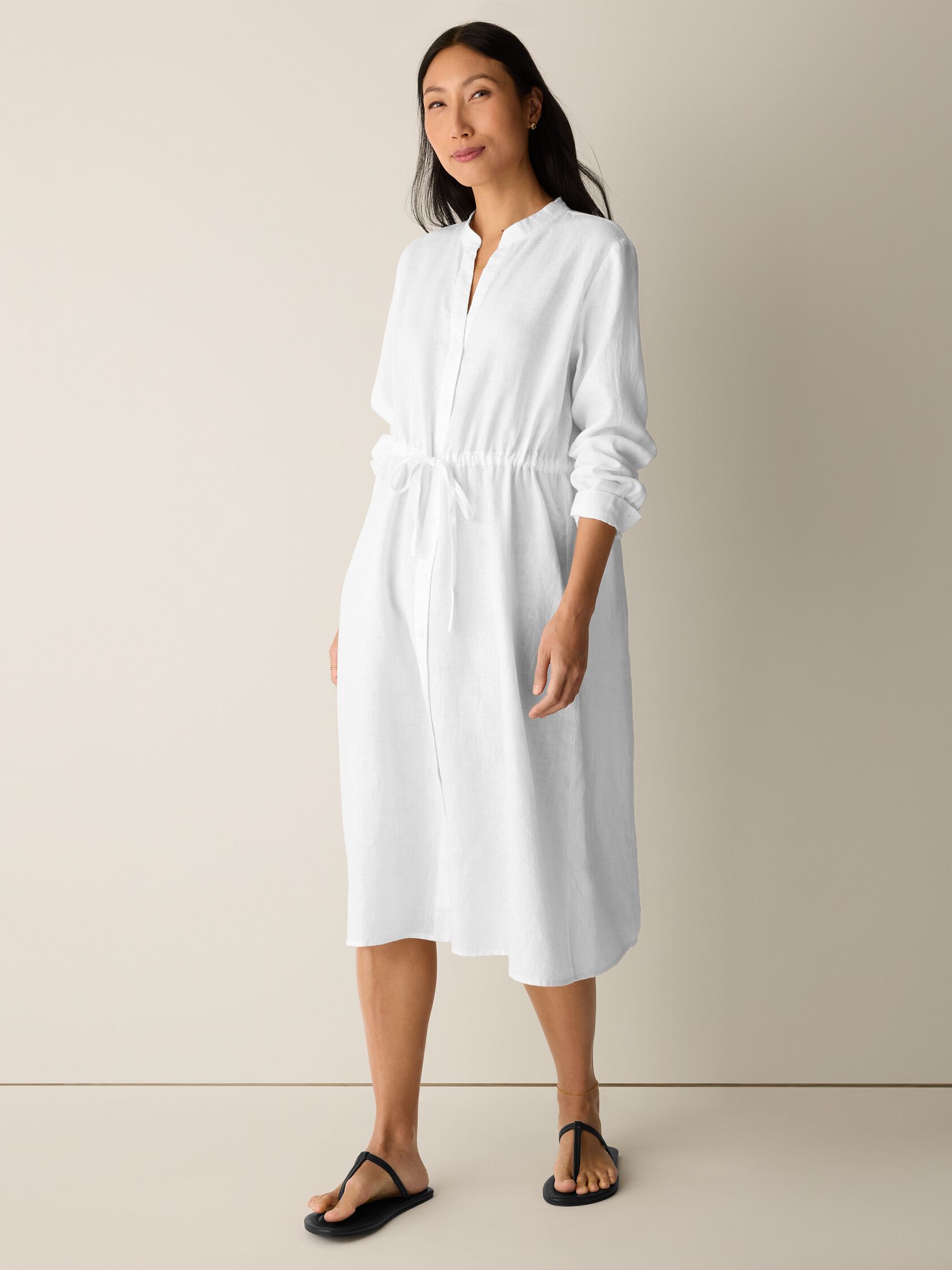 Organic Linen Band Collar Shirtdress