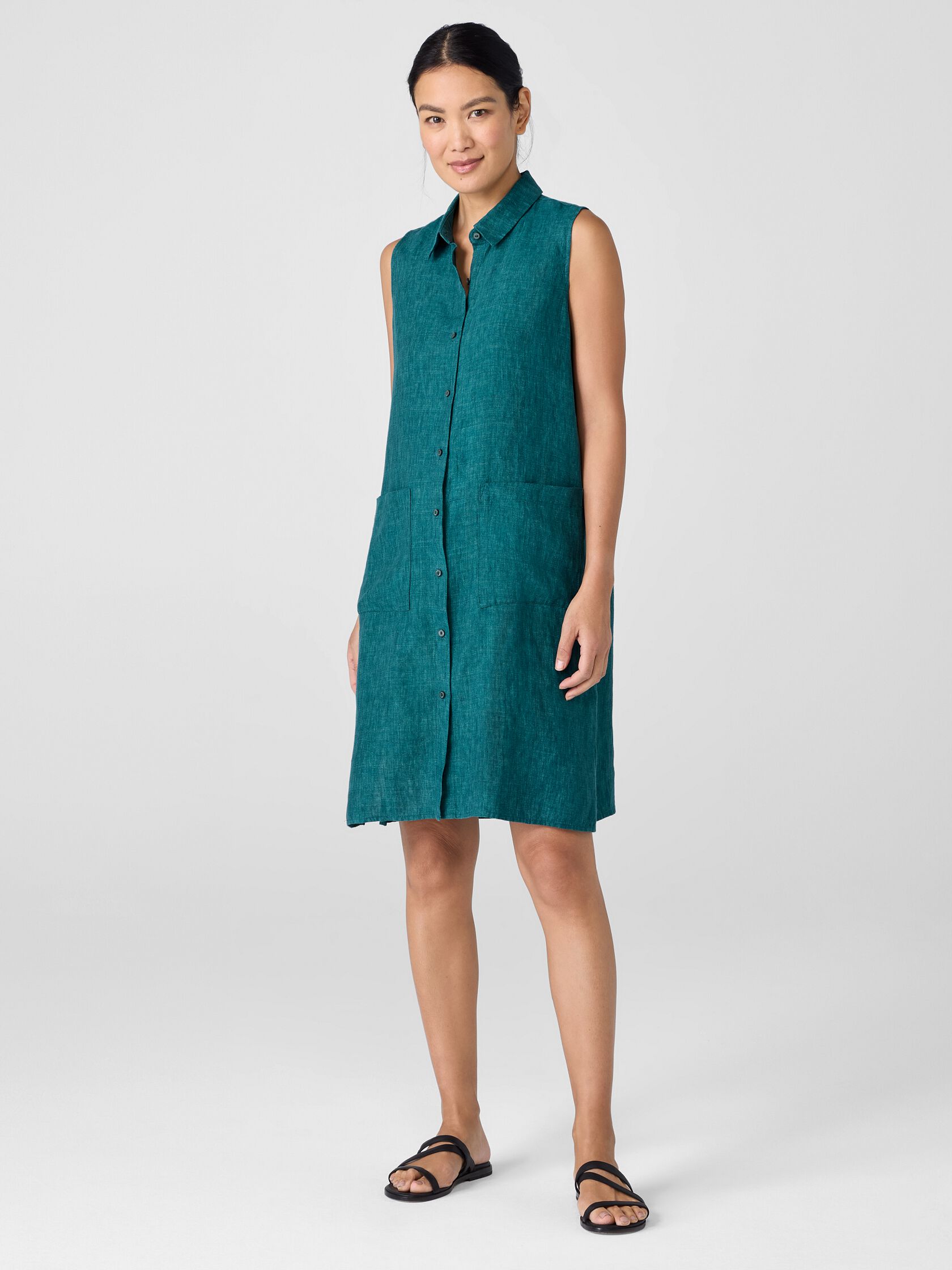 Washed Organic Linen Délavé Sleeveless Shirtdress