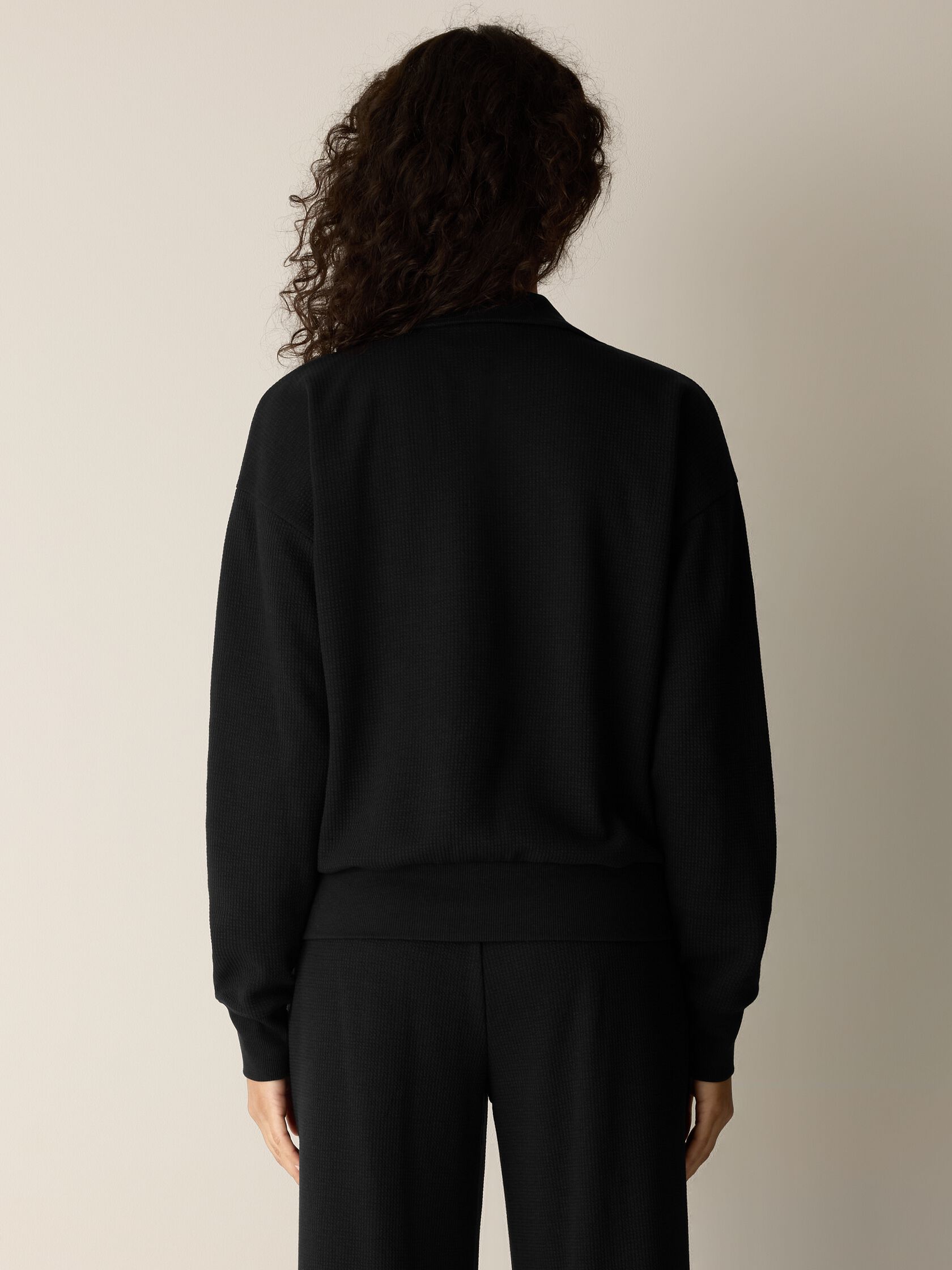 Waffle Cotton Blend Doubleknit High Collar Henley Top