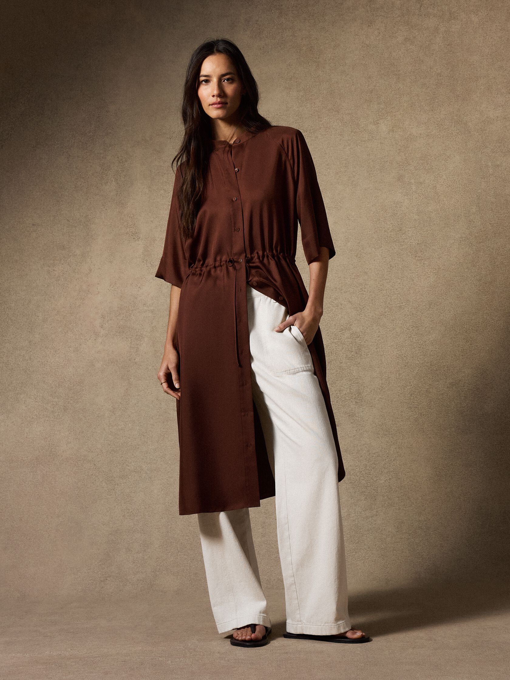 Silk Twill Band Collar Shirtdress