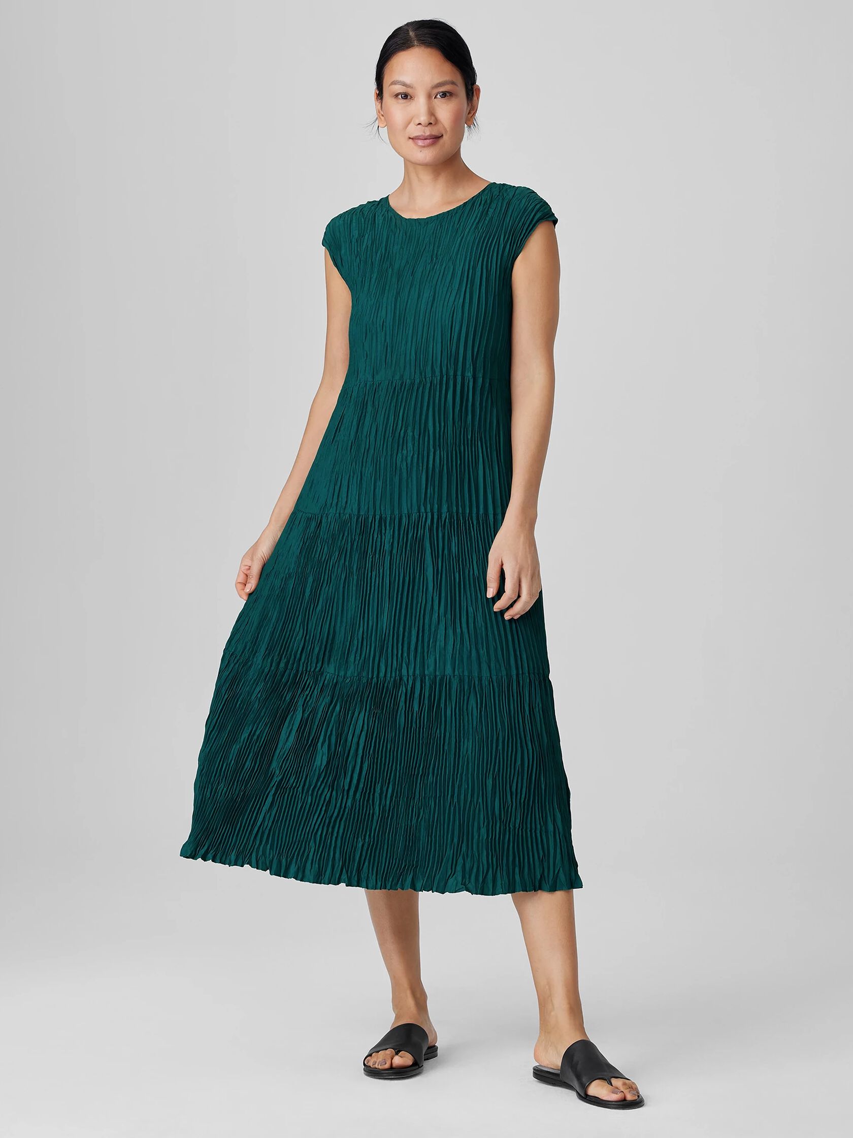 Crushed Silk Jewel Neck Tiered Dress