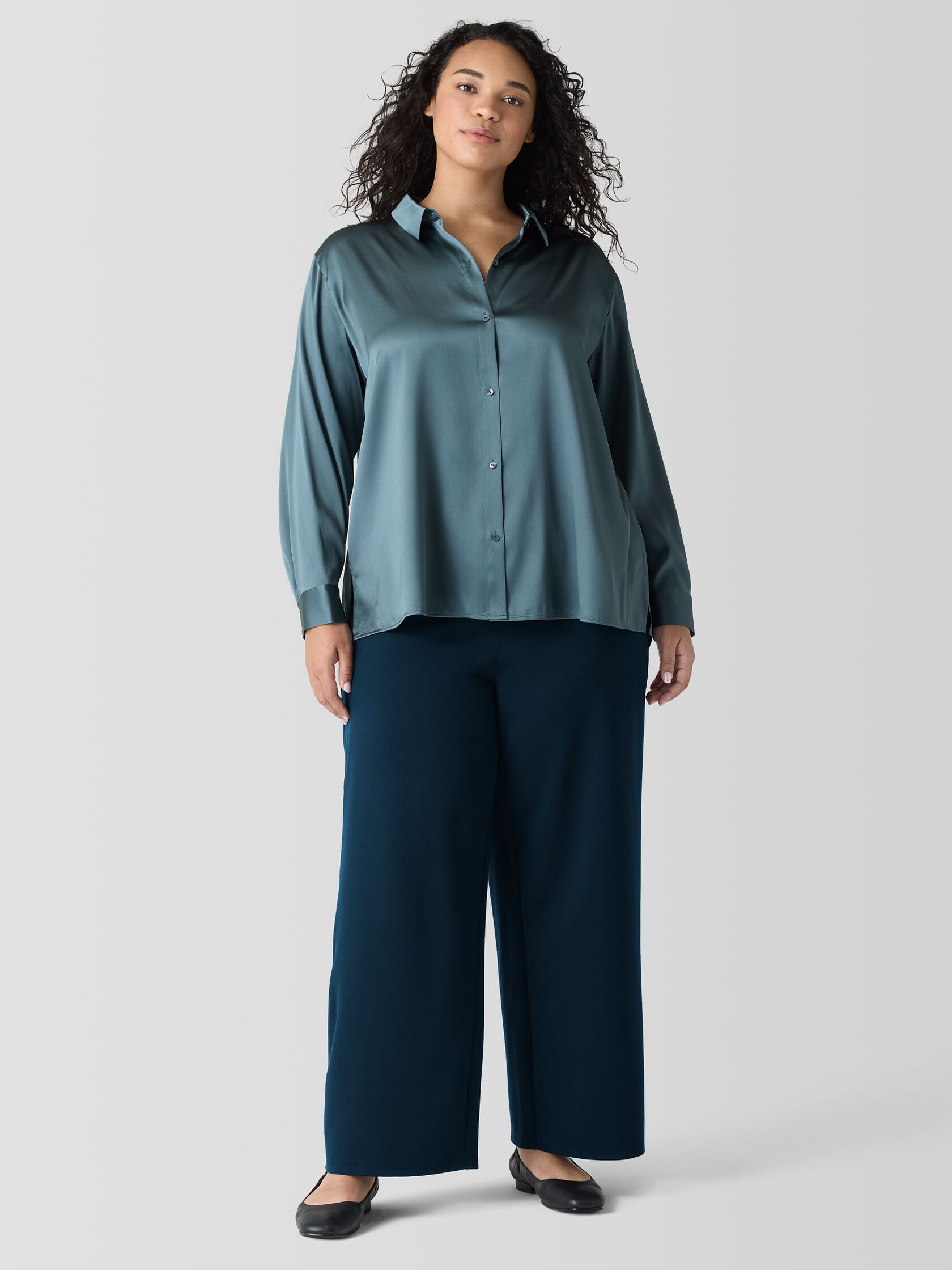 Stretch Silk Charmeuse Classic Collar Shirt