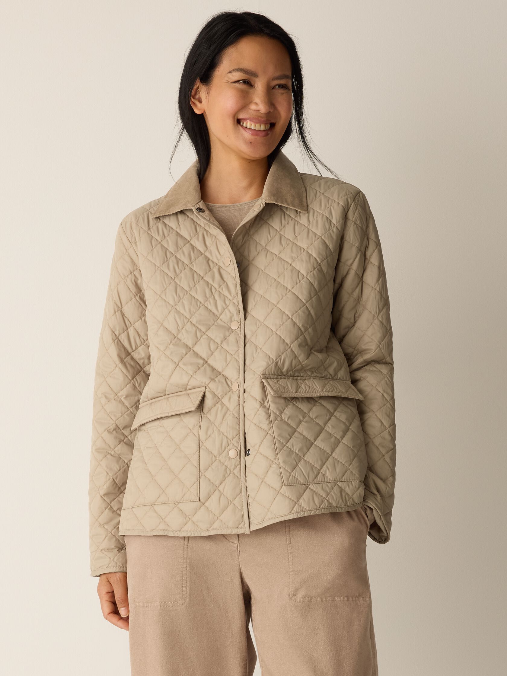 Eggshell Recycled Nylon Quilted Classic Collar Jacket