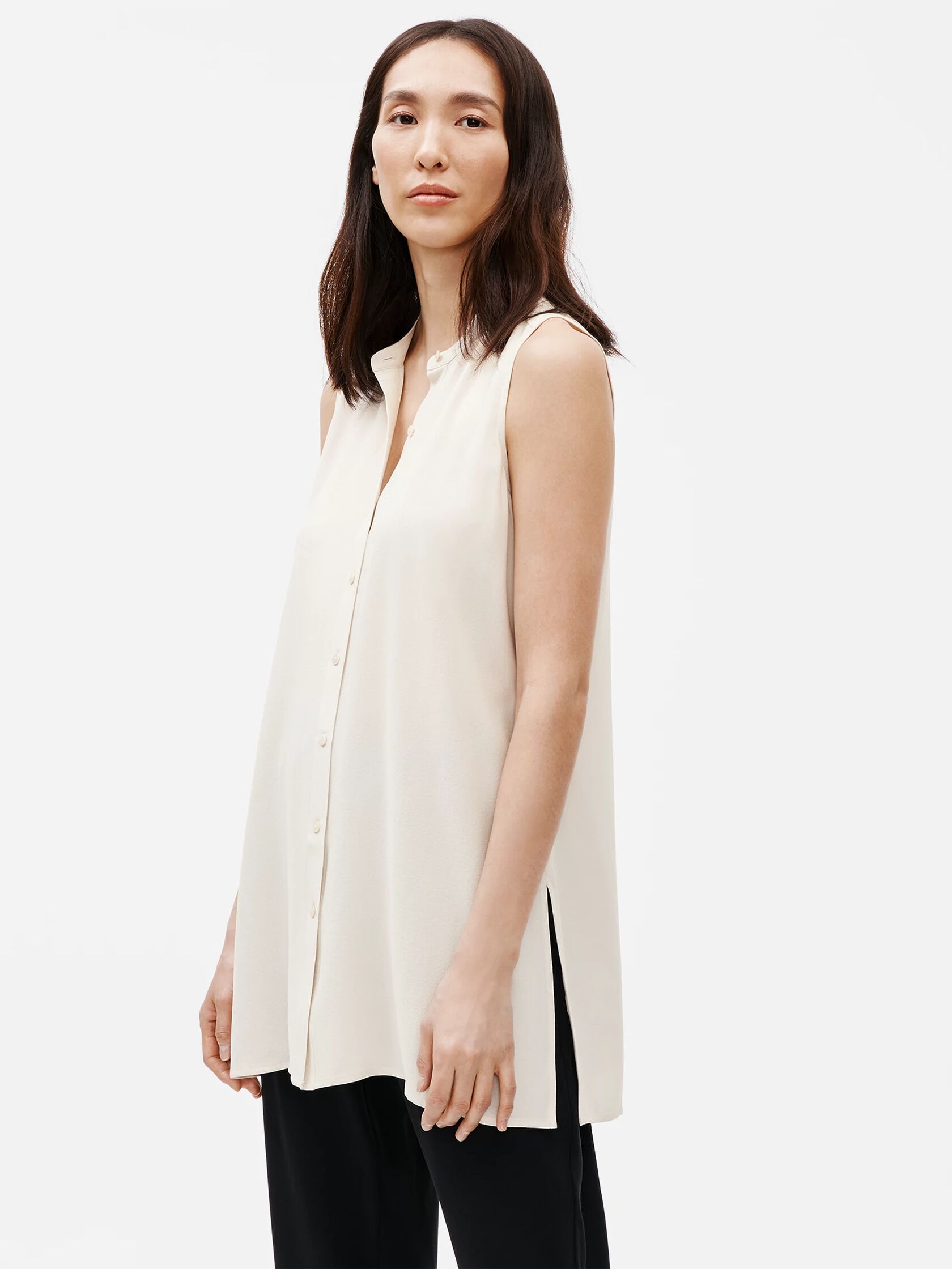 System Silk Georgette Crepe Mandarin Collar Shirt