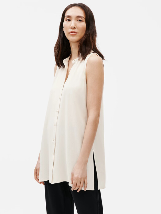 System Silk Georgette Crepe Mandarin Collar Shirt