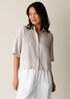 Puckered Organic Linen Stripe Elbow-Sleeve Shirt