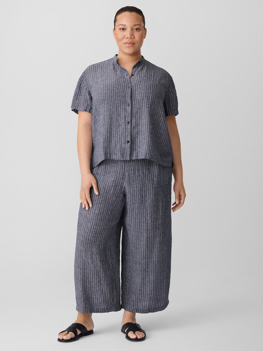 Puckered Organic Linen Band Collar Shirt