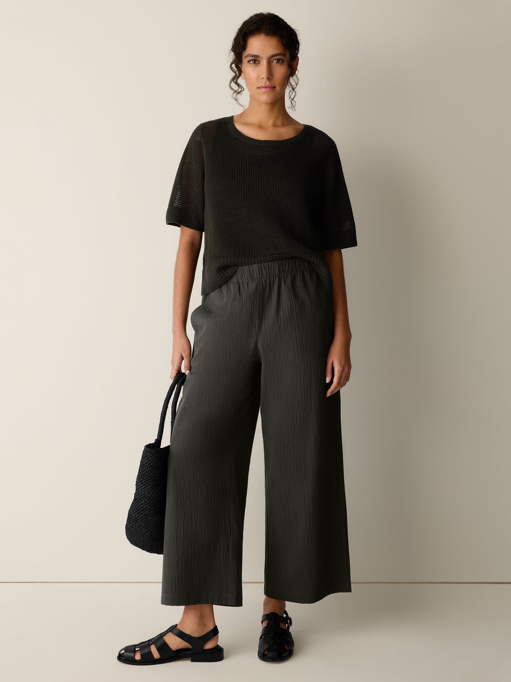 Organic Cotton Pucker Wide-Leg Pant