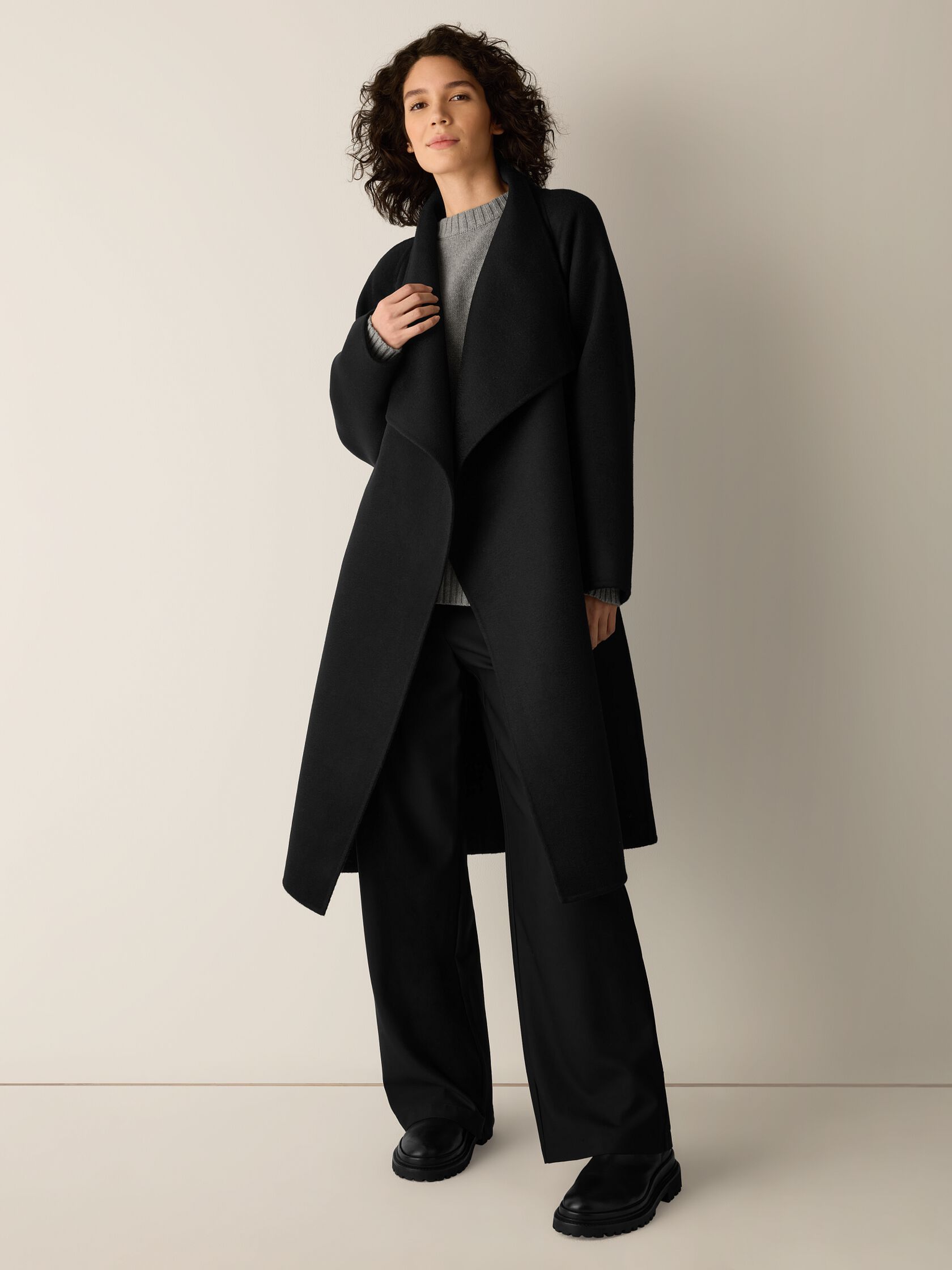 Lustrous Wool Drape Neck Coat