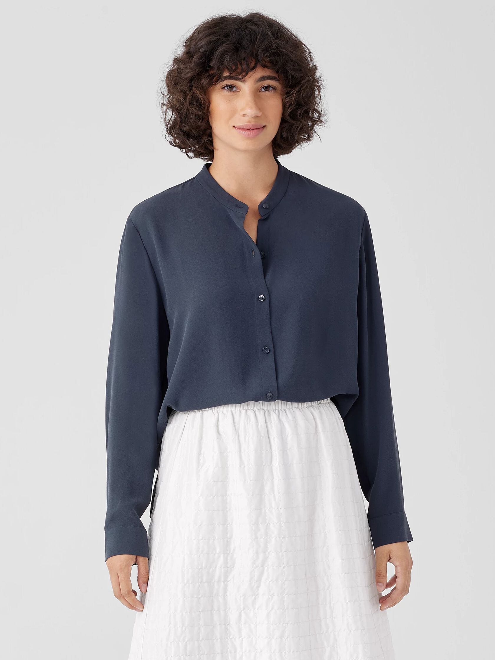 Silk Georgette Crepe Band Collar Shirt