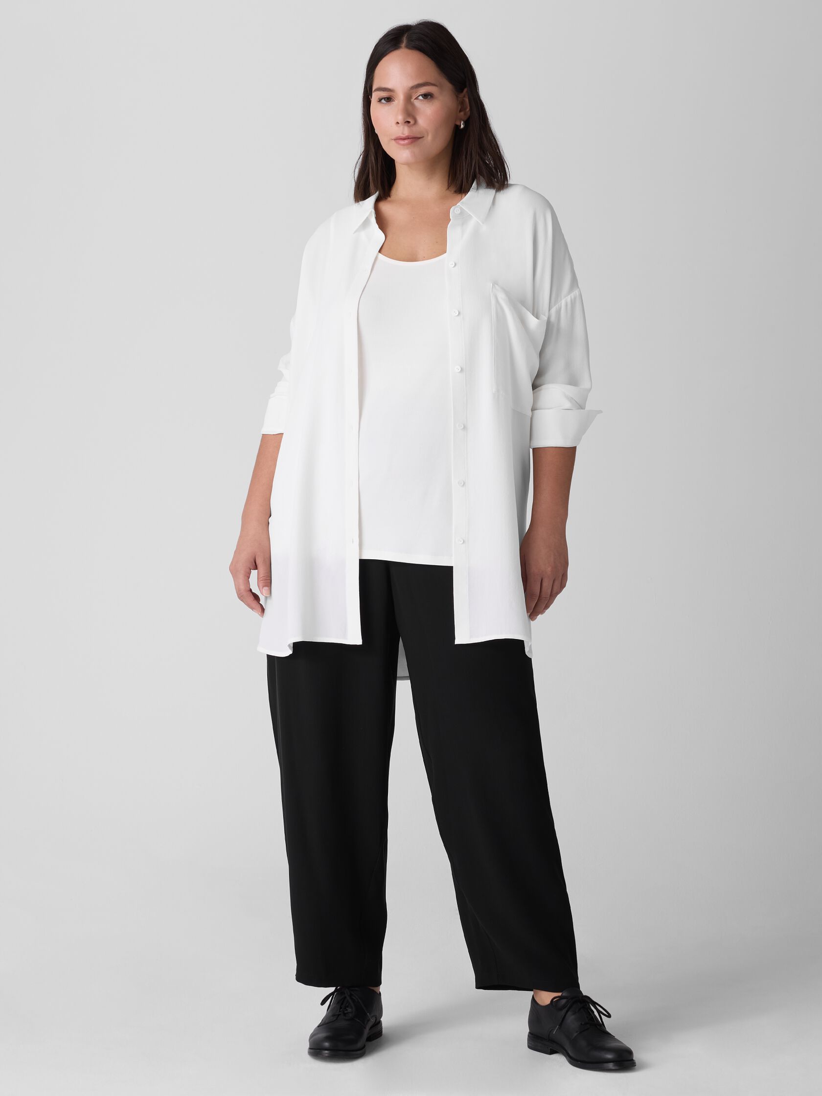 Silk Georgette Crepe Classic Collar Long Shirt