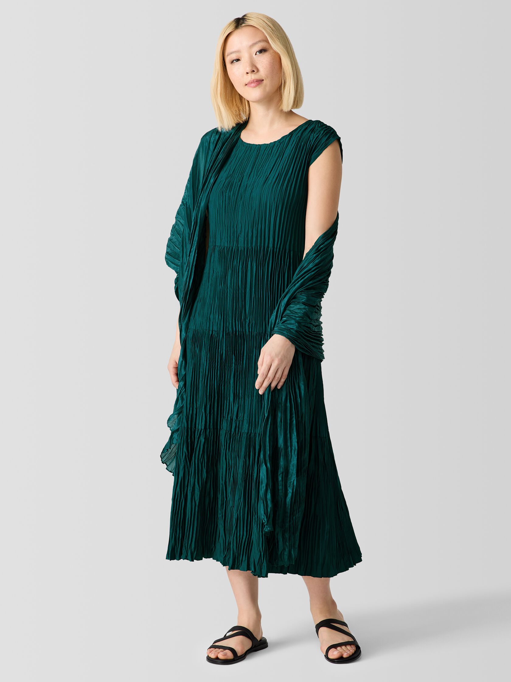 Crushed Silk Jewel Neck Tiered Dress