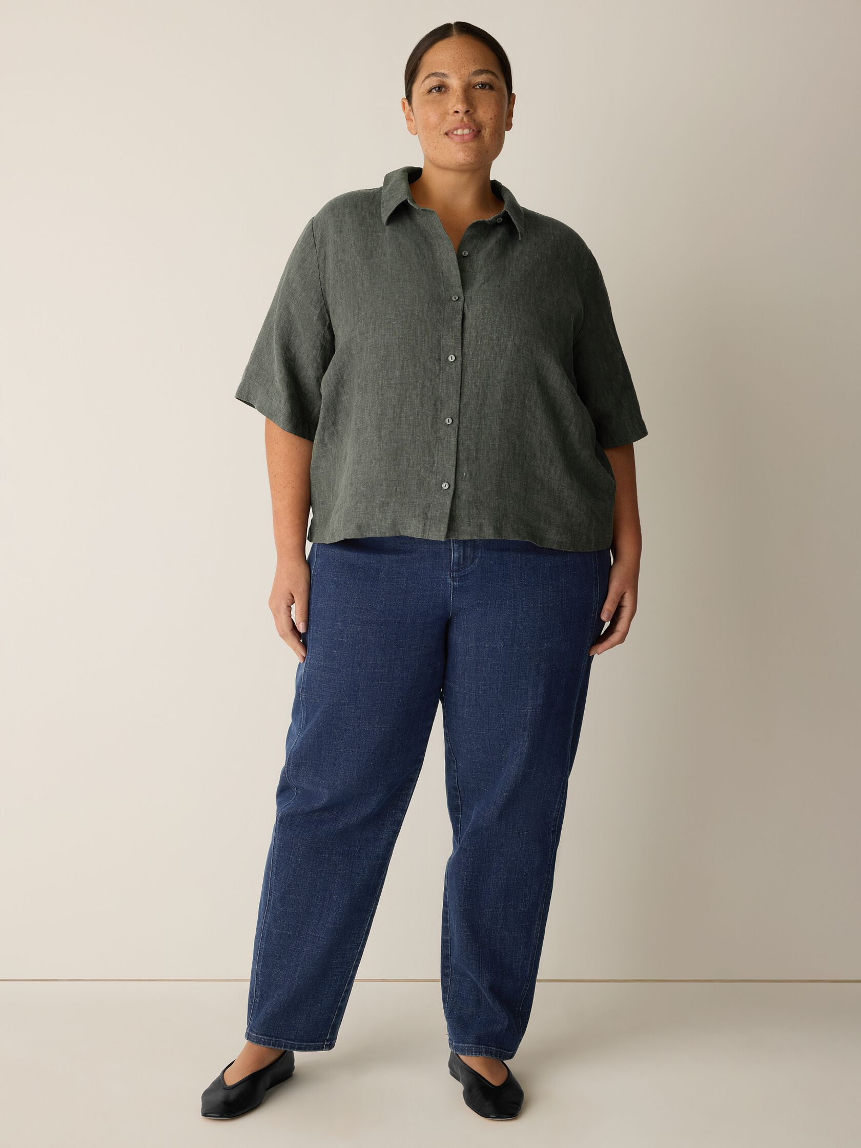 Washed Organic Linen D&eacute;lav&eacute; Elbow-Sleeve Top