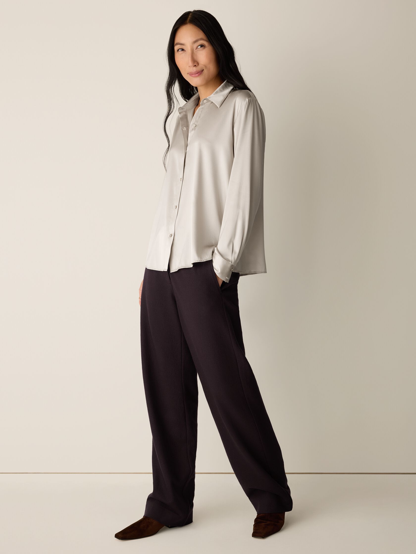 Stretch Silk Charmeuse Classic Collar Shirt
