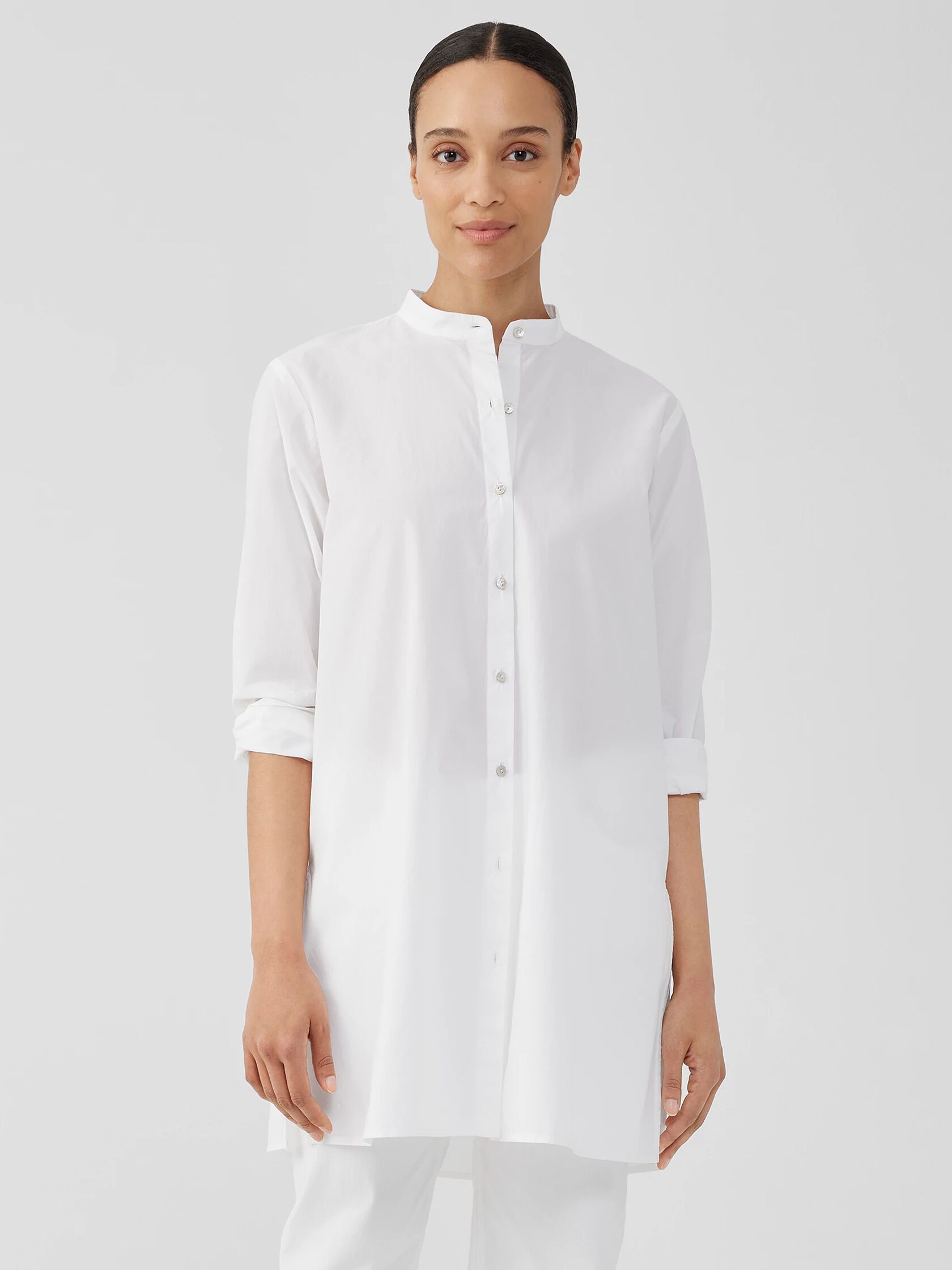 Washed Organic Cotton Poplin Mandarin Collar Long Shirt