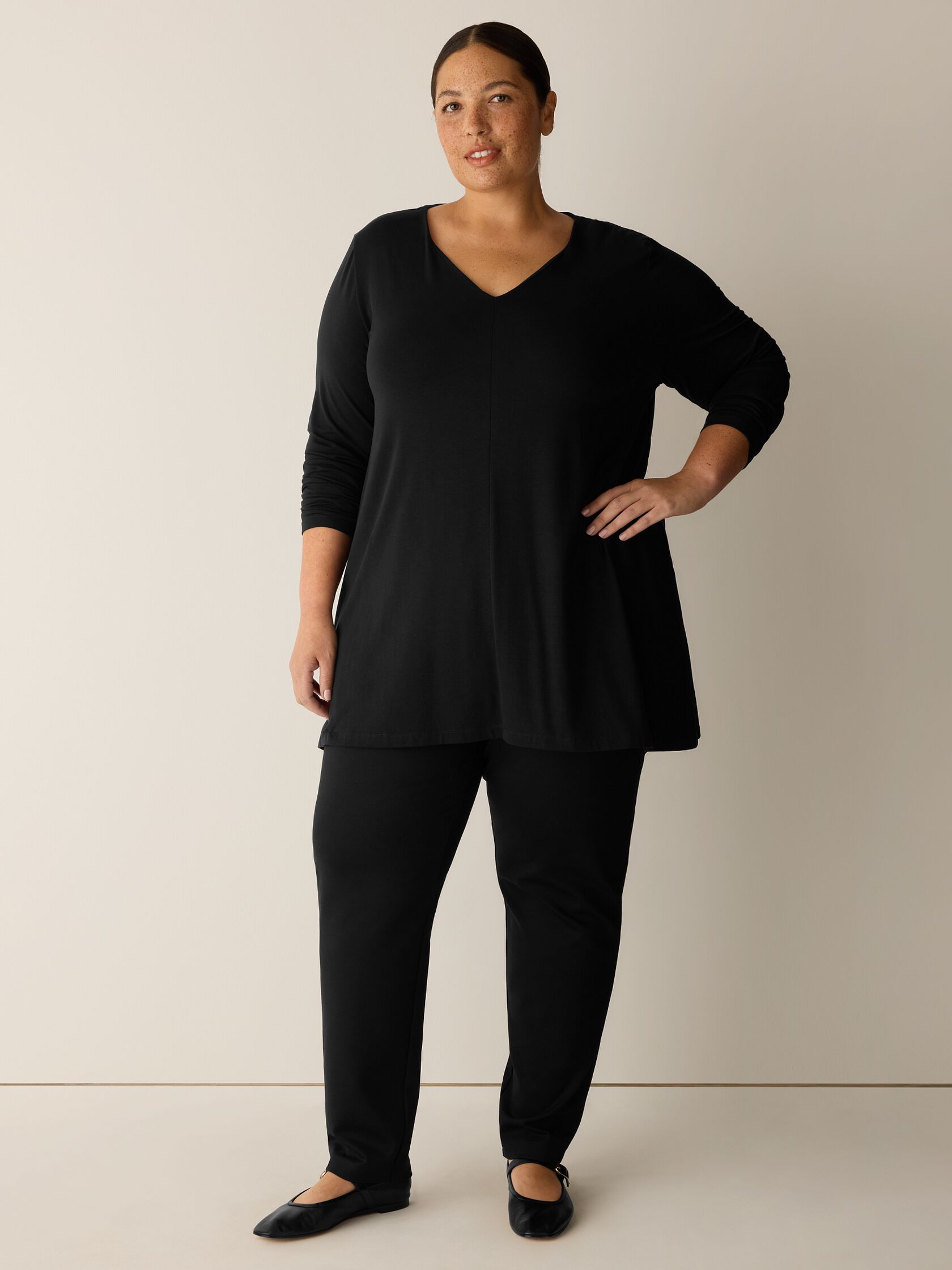 Fine Stretch Jersey Knit V-Neck Long Top