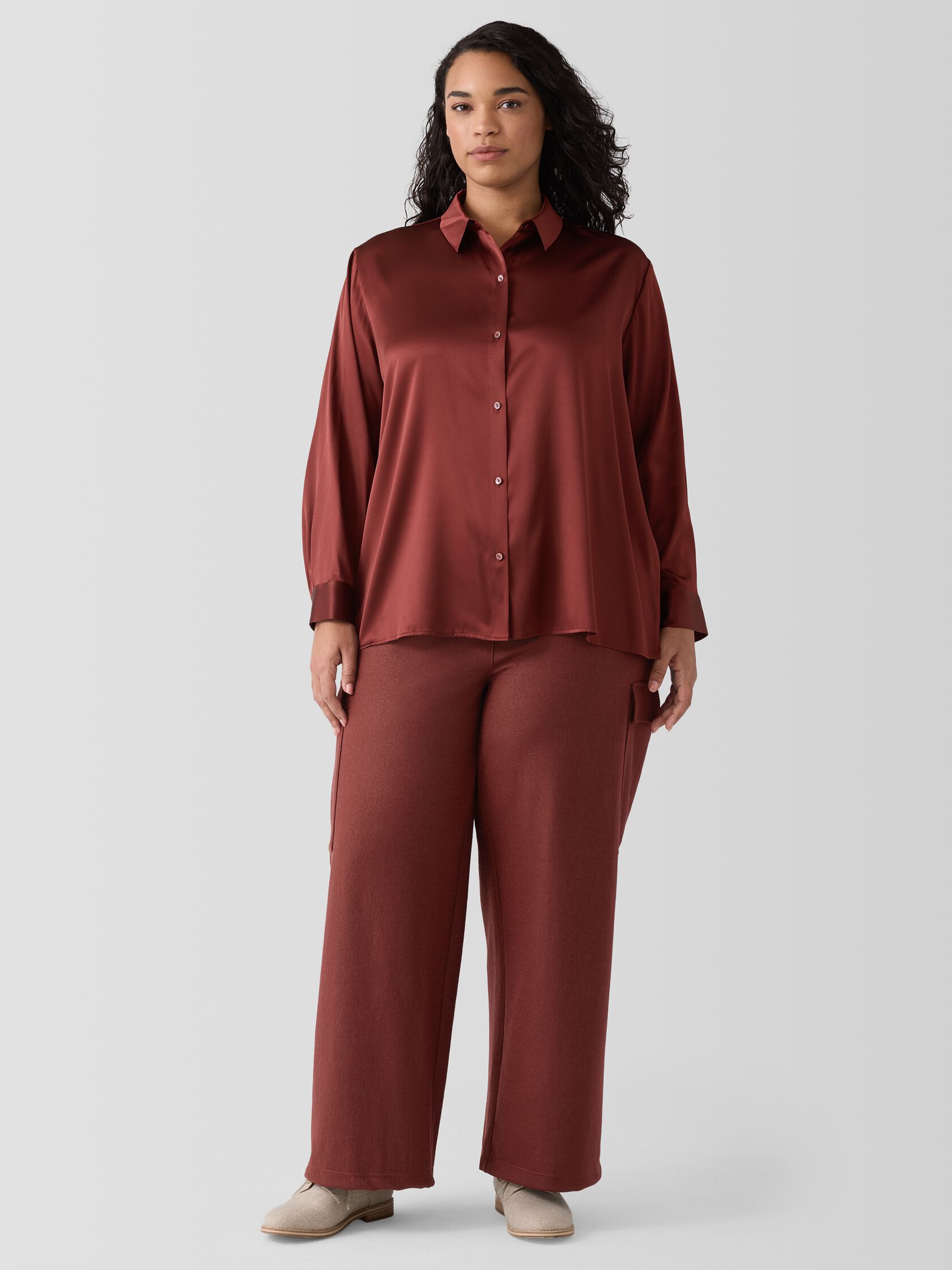 Stretch Silk Charmeuse Classic Collar Shirt