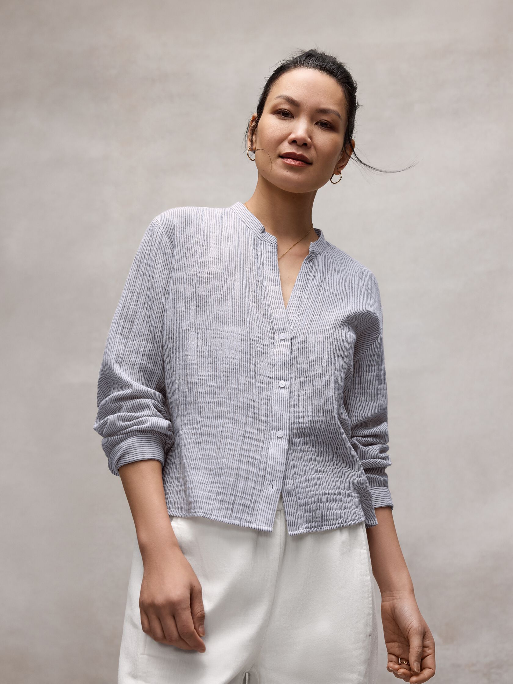 Striped Organic Cotton Gauze Band Collar Shirt