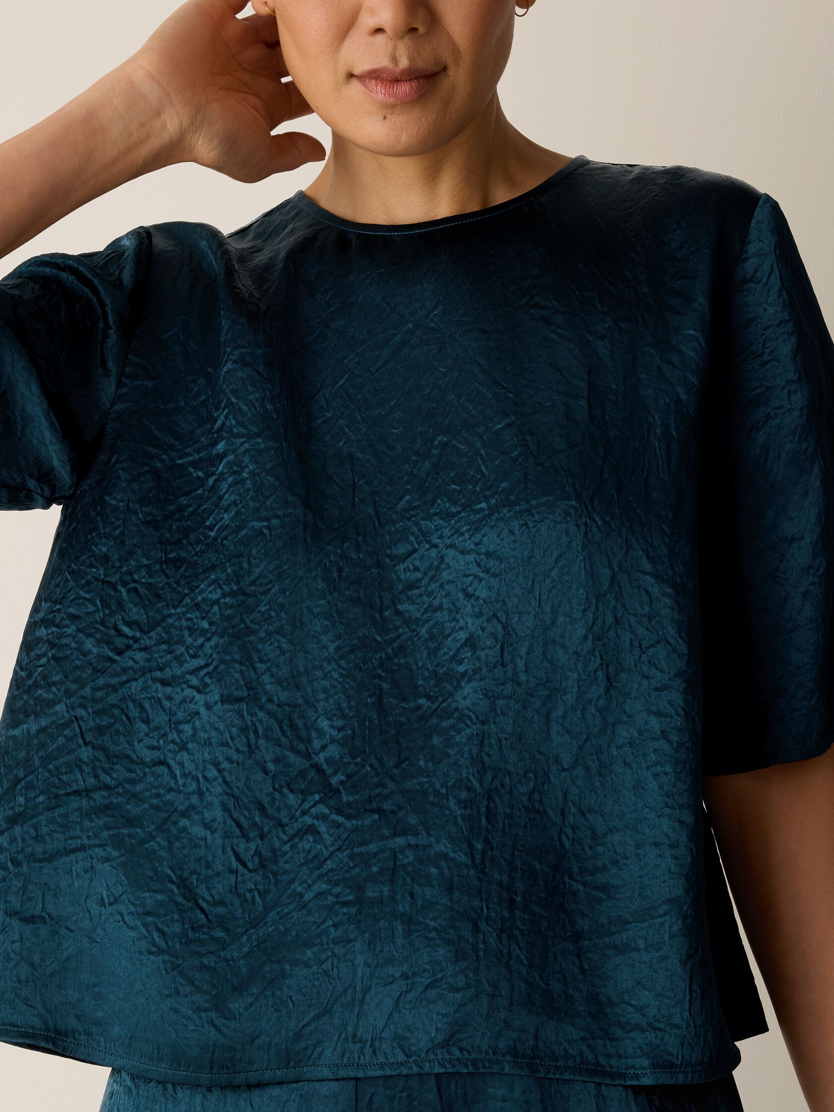 Textured Satin Round Neck Elbow-Sleeve Top