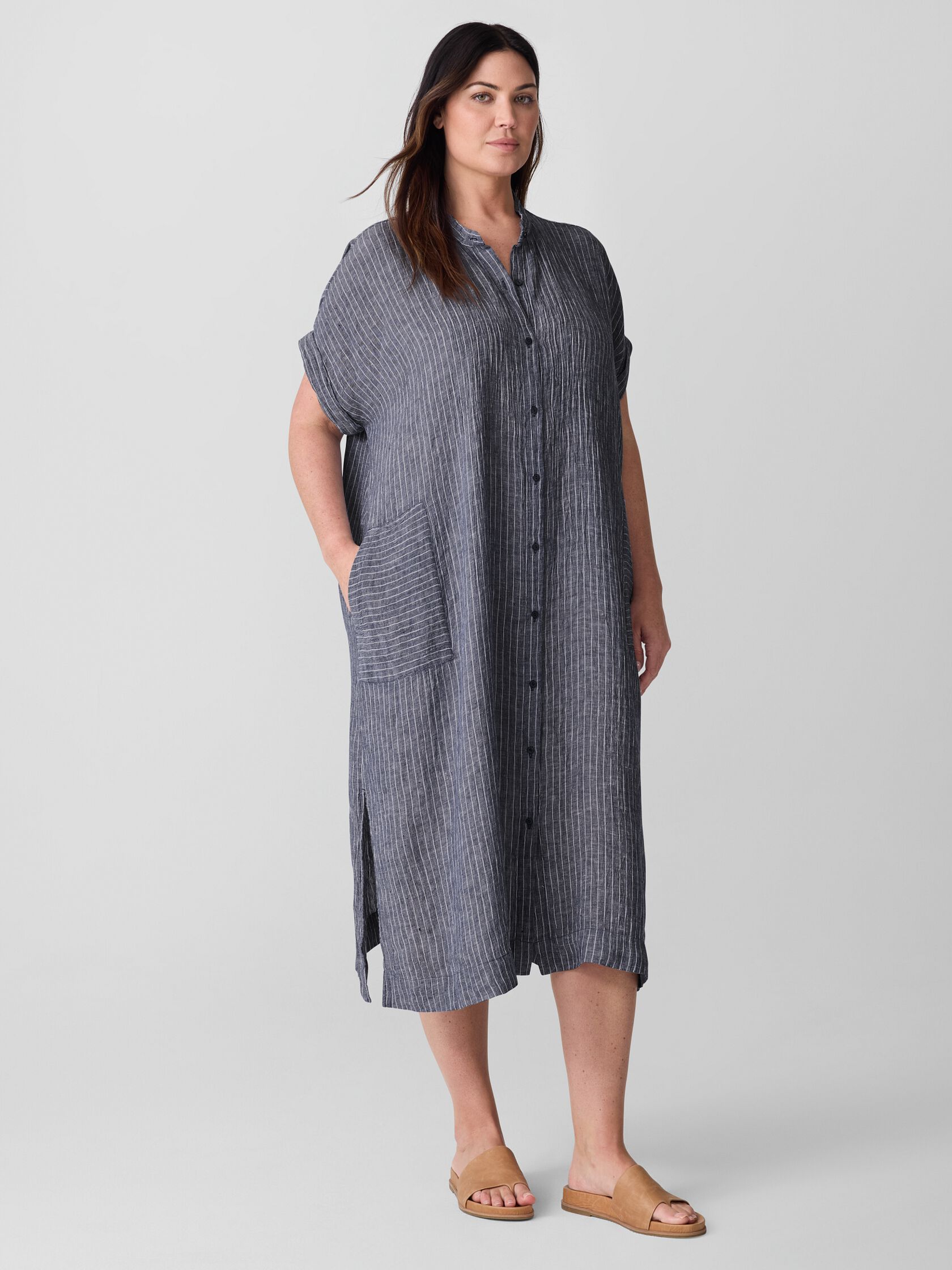 Puckered Organic Linen Shirtdress