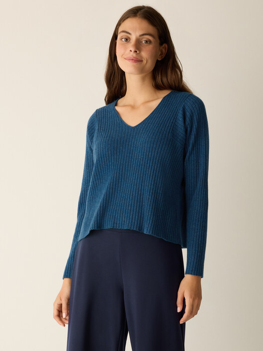 Italian Cashmere Ribbed V-Neck Top