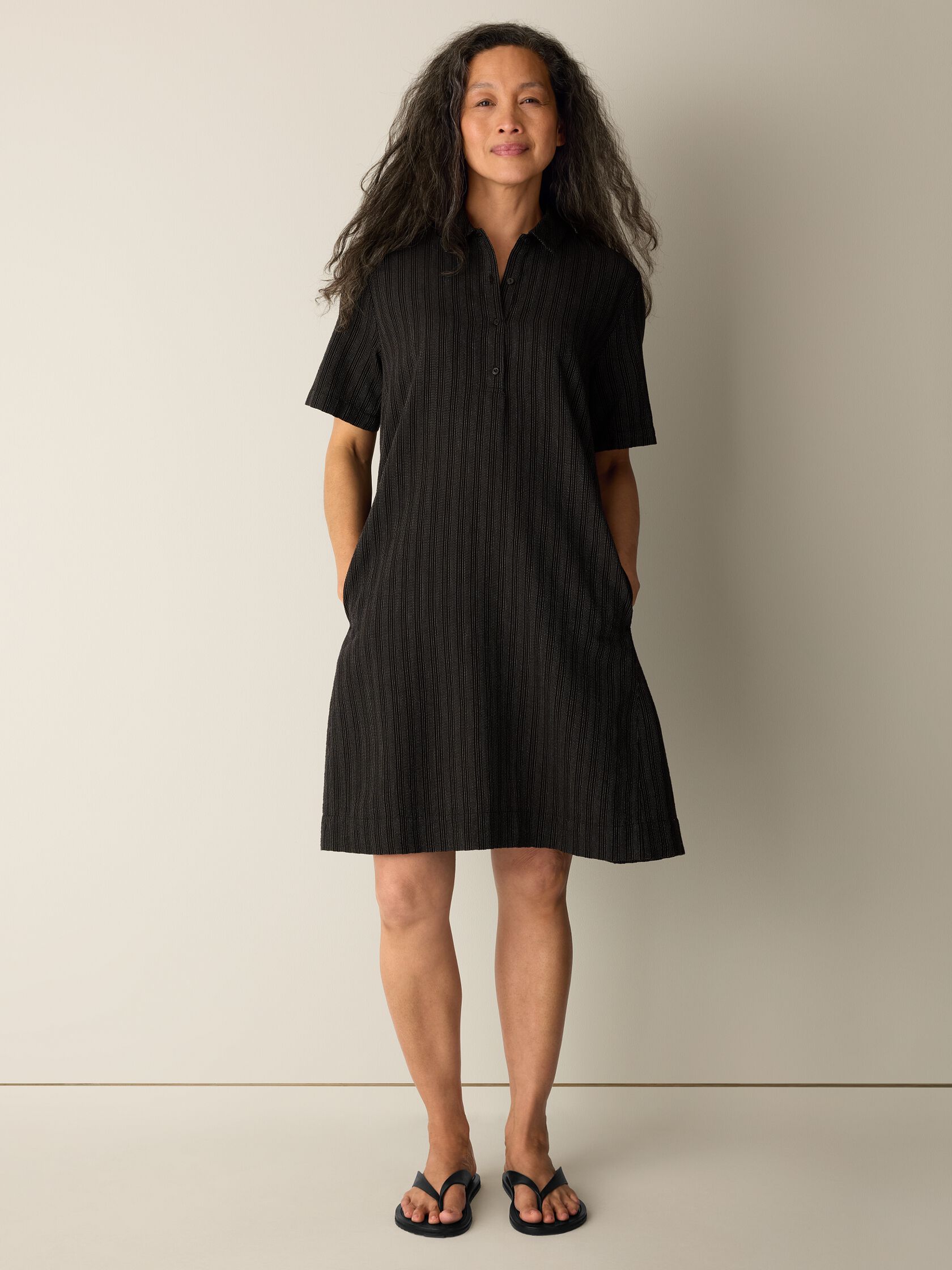 Cotton Blend Stripe Stitch Classic Collar Dress