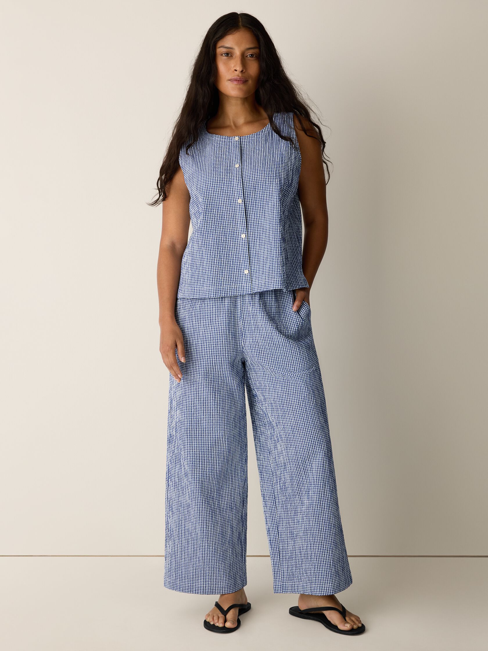Organic Cotton Pucker Check Wide-Leg Pant
