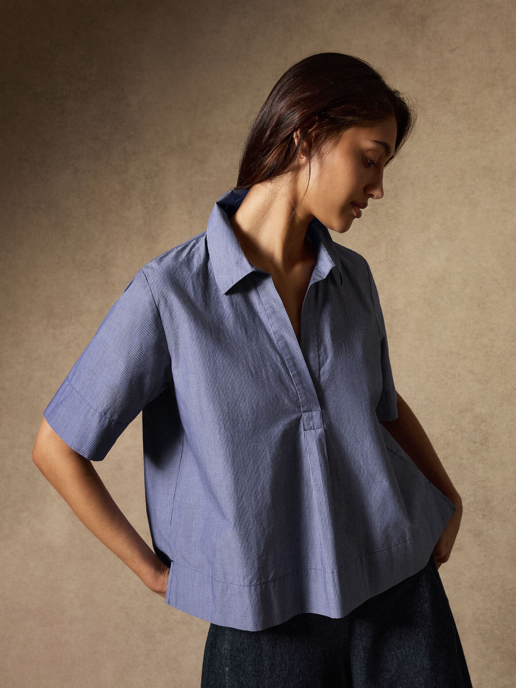 Striped Organic Cotton Poplin Split Neck Top