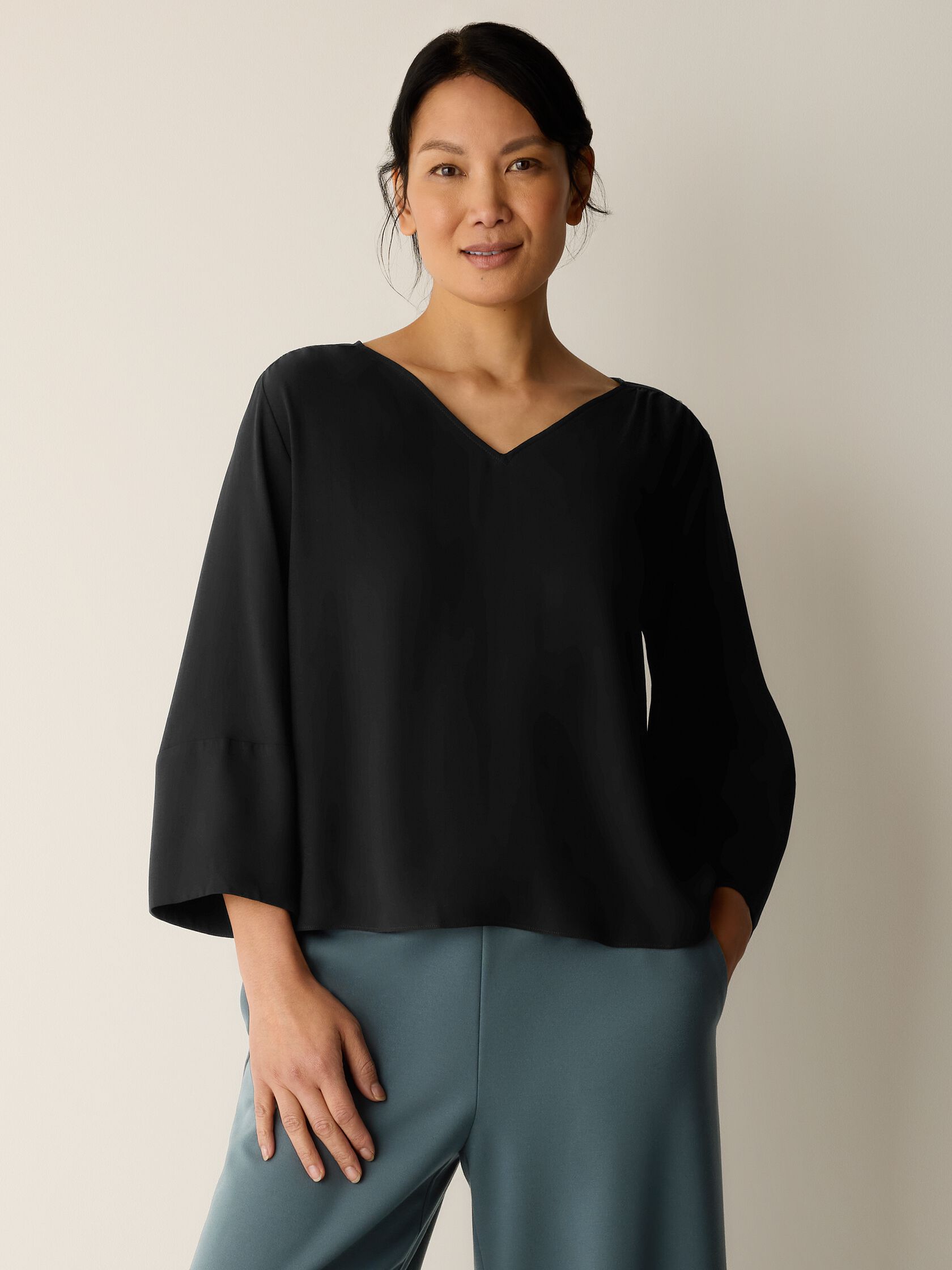 Silk Georgette Crepe V-Neck Top