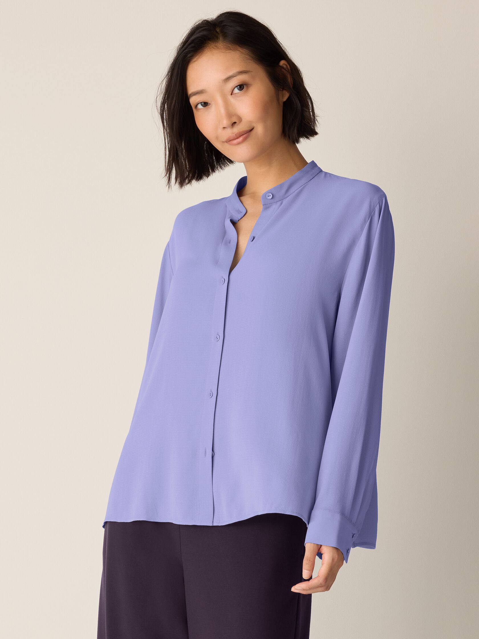 Silk Georgette Crepe Band Collar Top