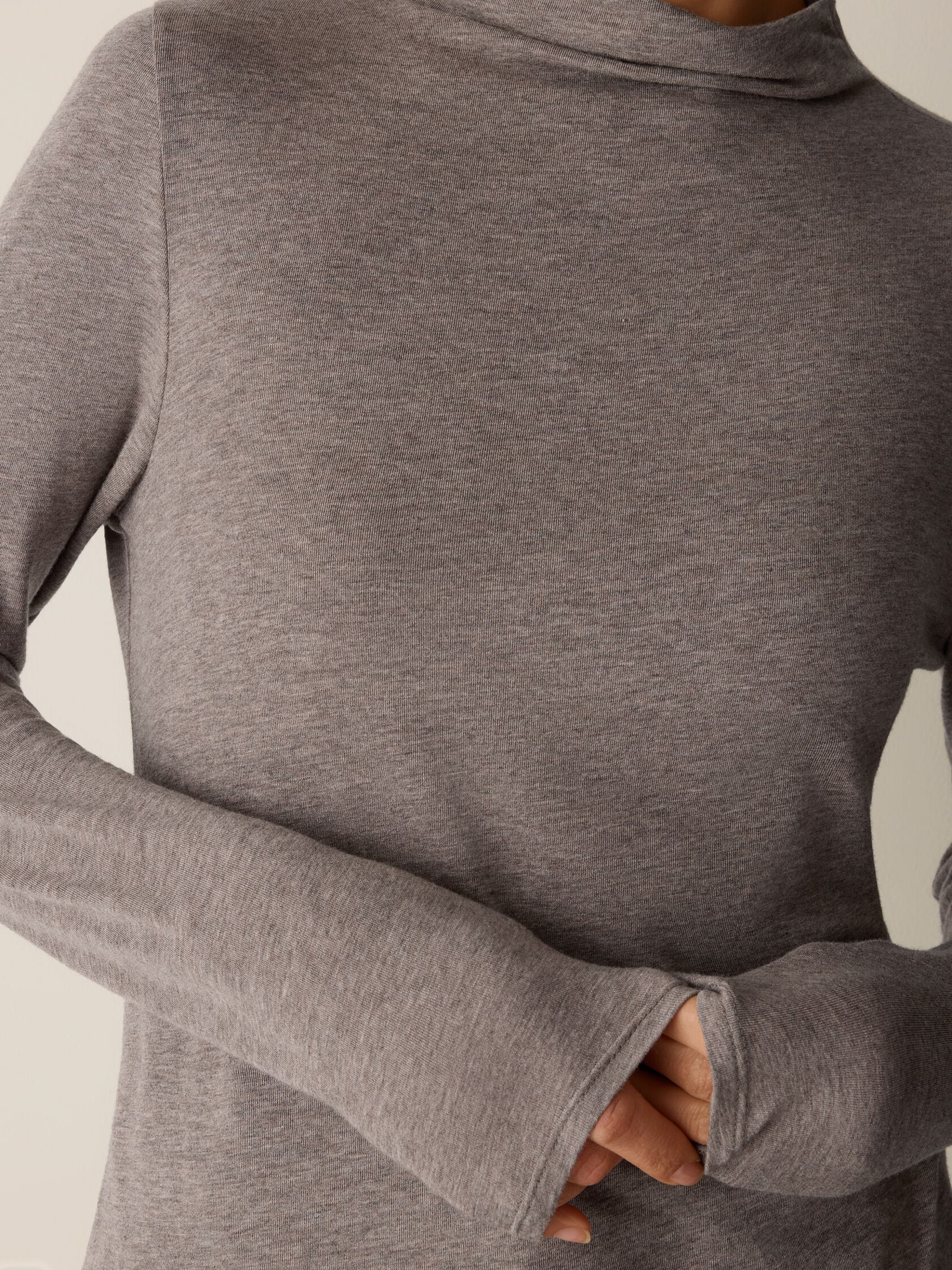 M&eacute;lange Sheer Cotton Blend Knit Funnel Neck Top