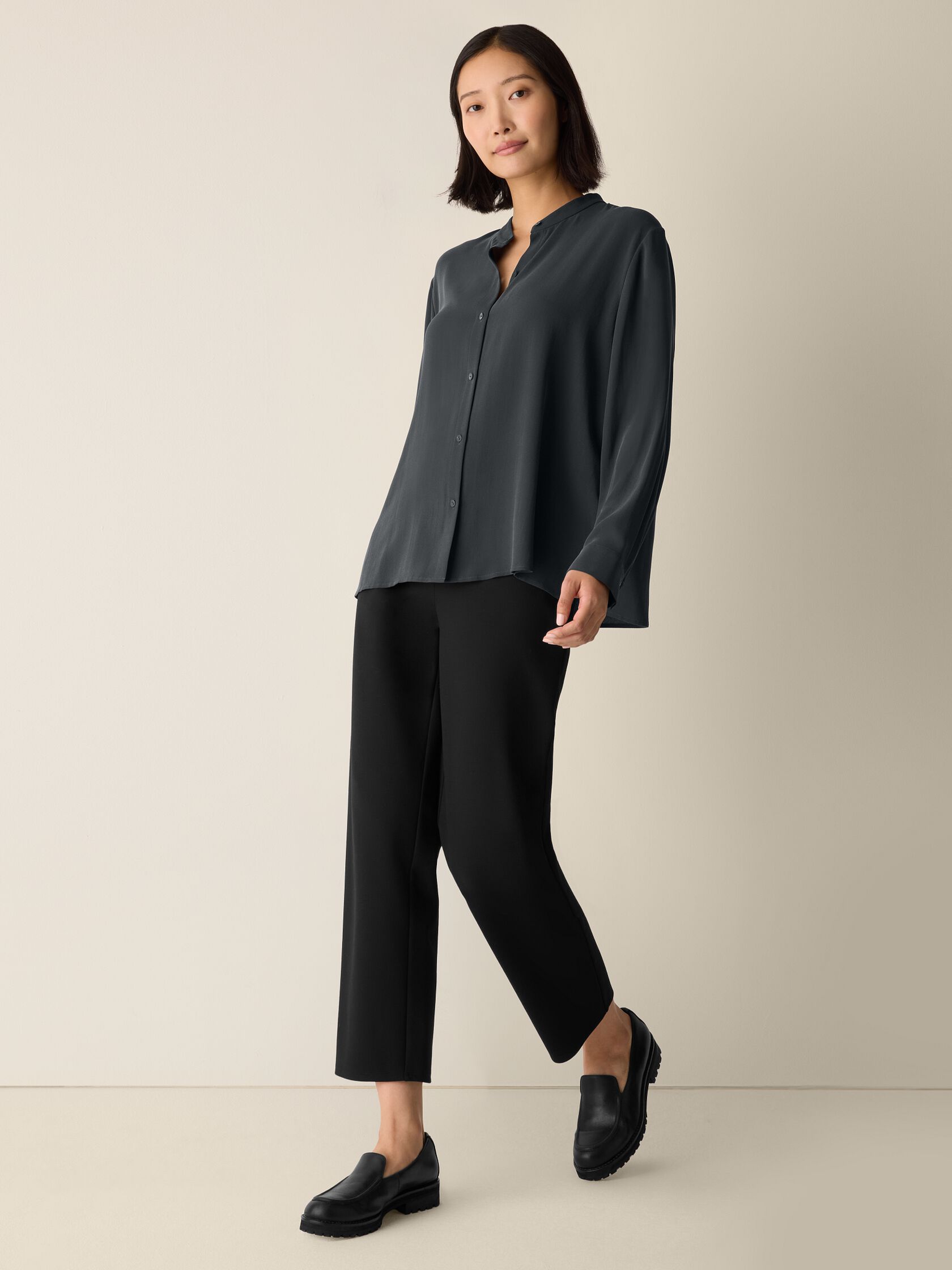 Silk Georgette Crepe Band Collar Top