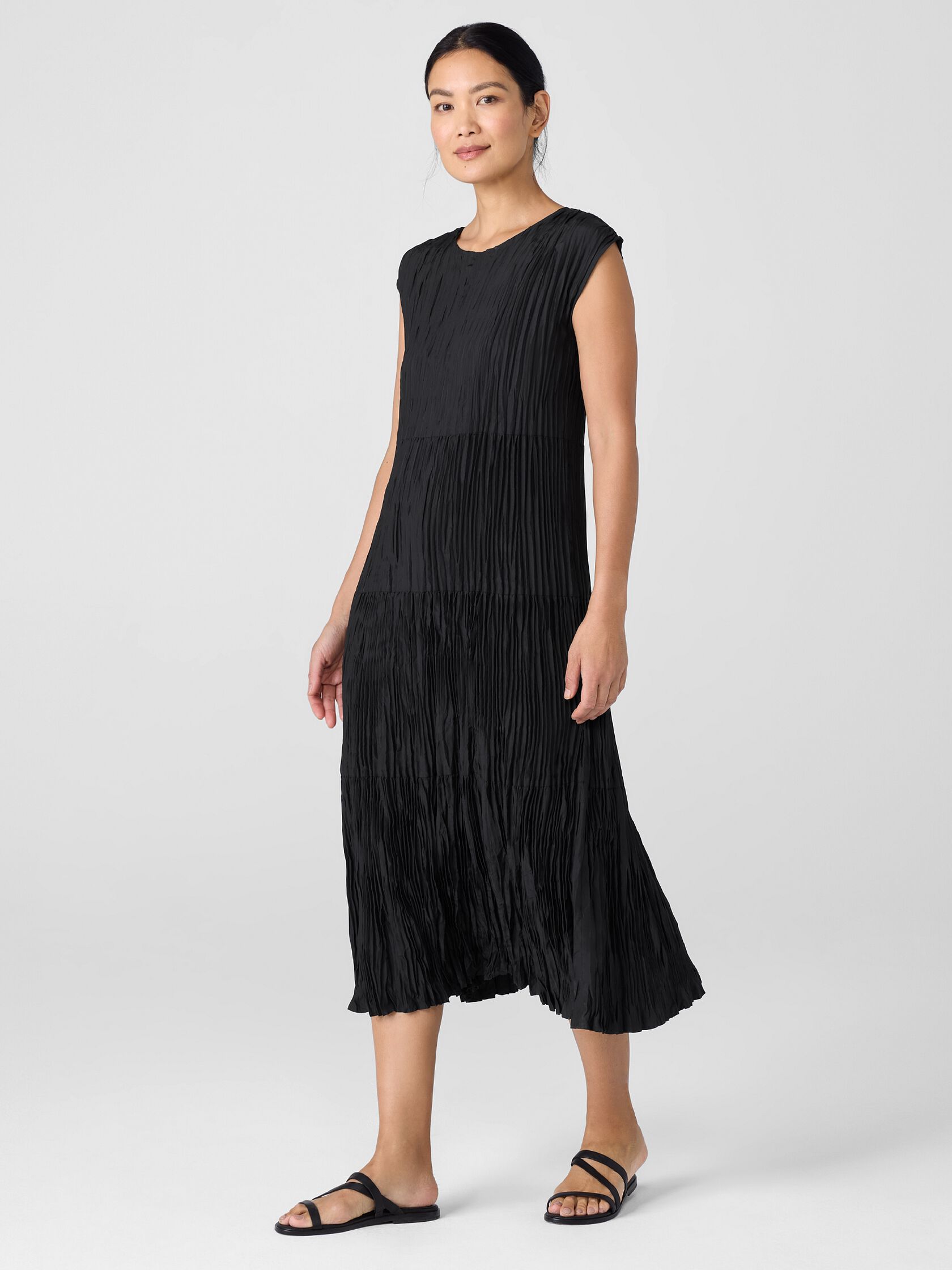 Crushed Silk Jewel Neck Tiered Dress