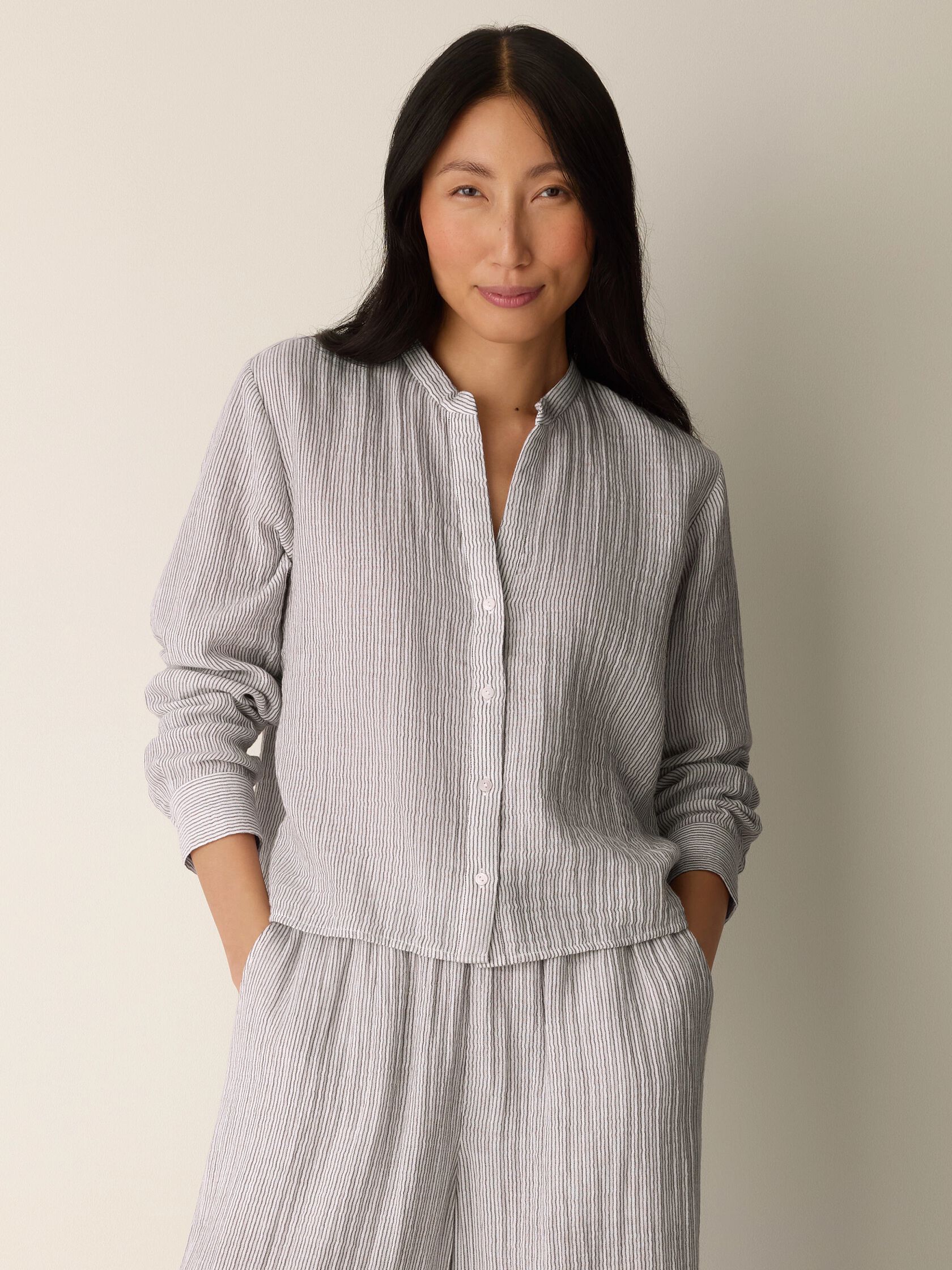 Striped Organic Cotton Gauze Band Collar Shirt