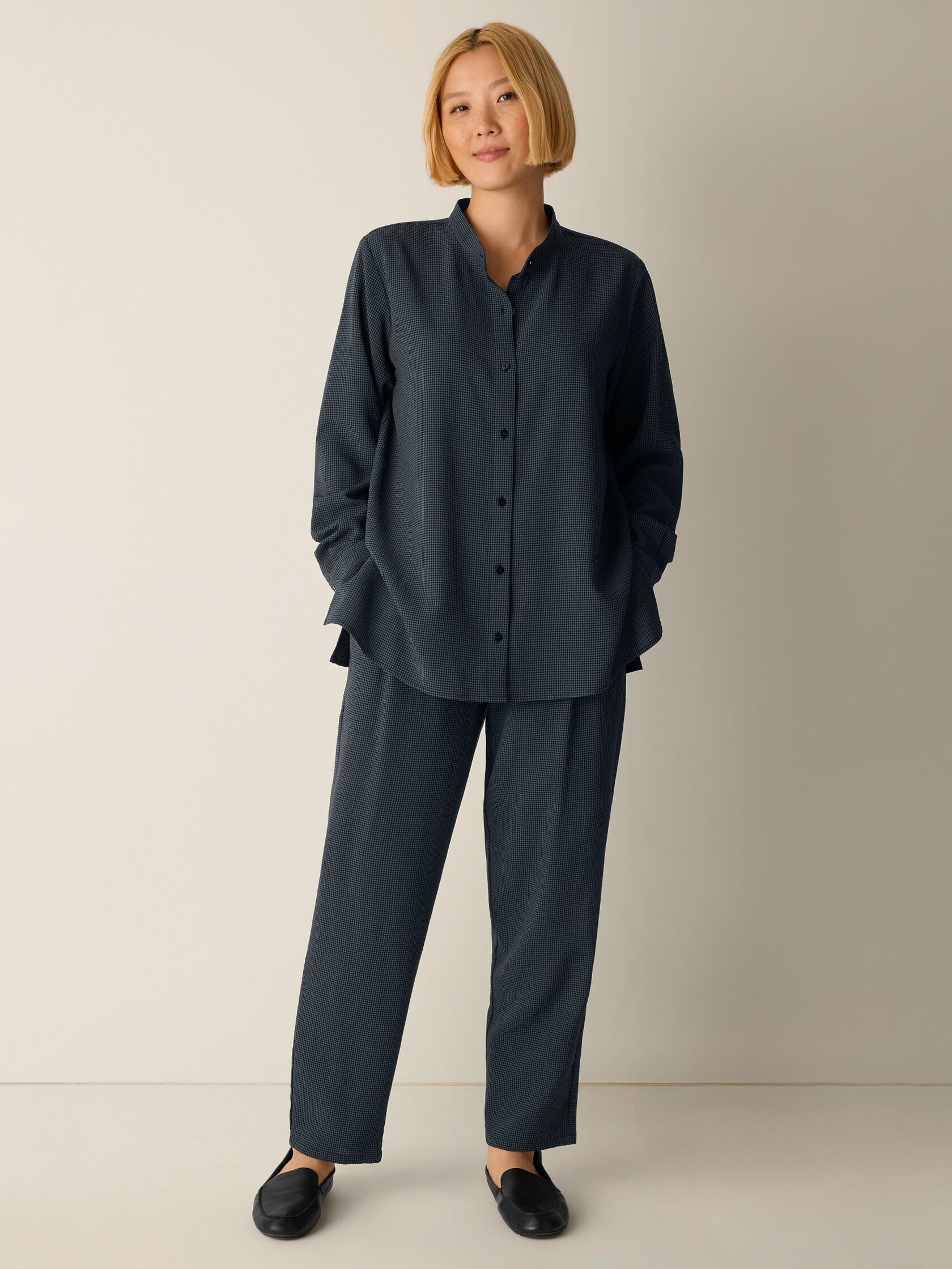 Mini Check Crepe Band Collar Top