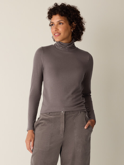 Sheer Cotton Blend Knit Turtleneck Top