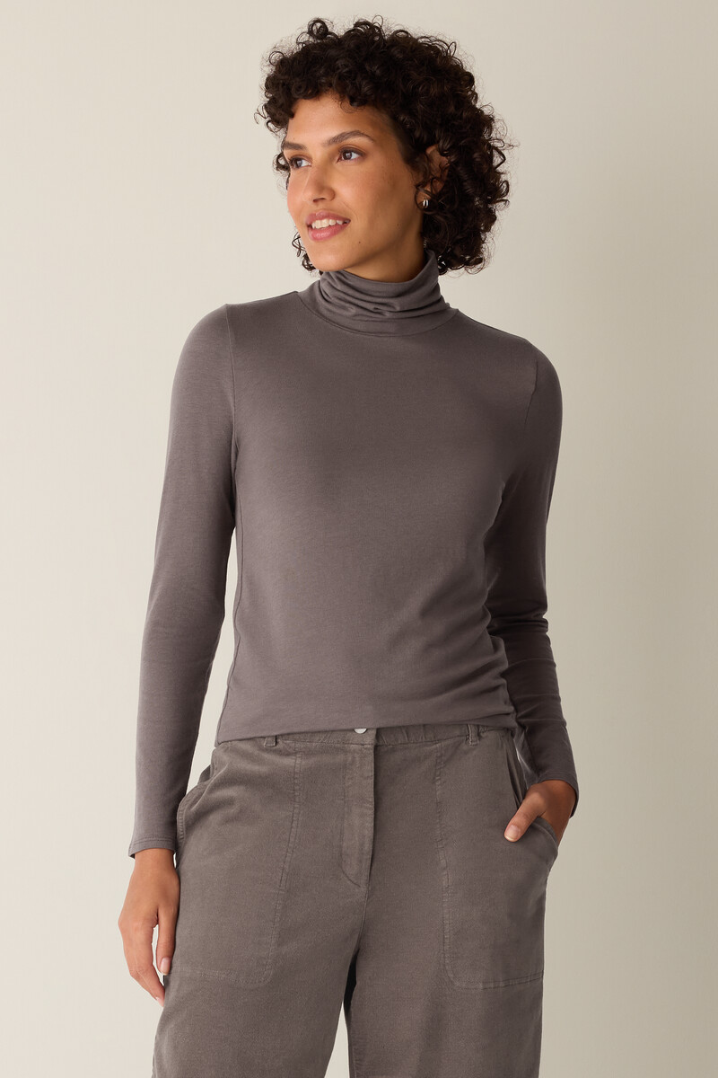 Sheer Cotton Blend Knit Turtleneck Top Sheer Cotton Blend Knit Turtleneck Top