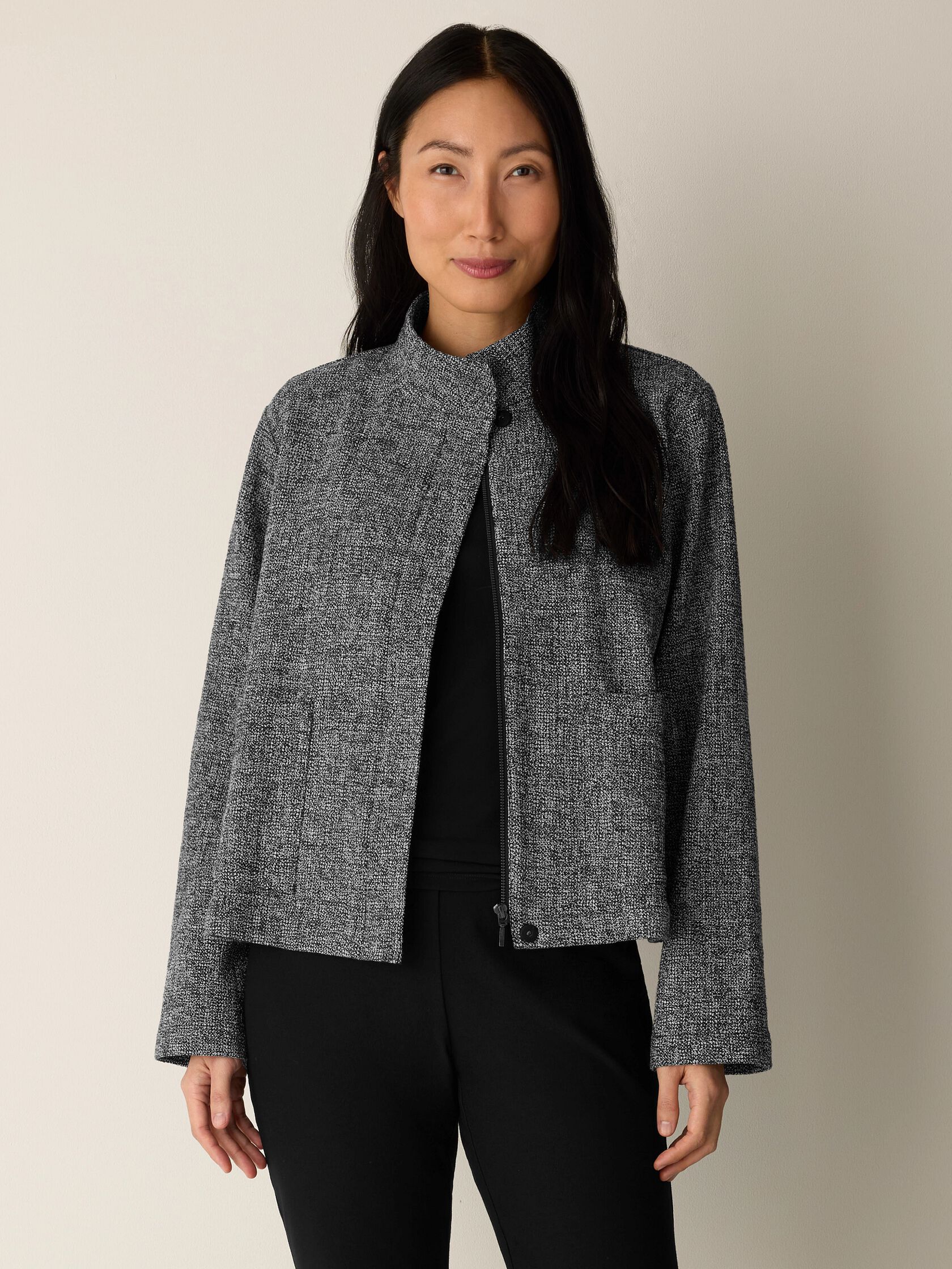 Organic Cotton Tweed Stand Collar Jacket