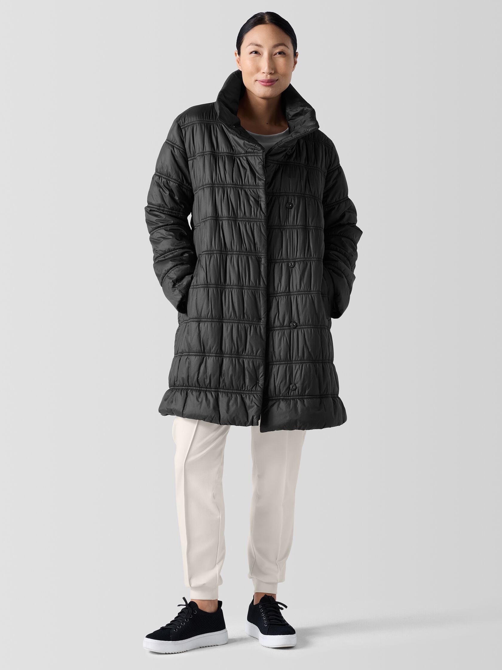 Eggshell Recycled Nylon Stand Collar Coat
