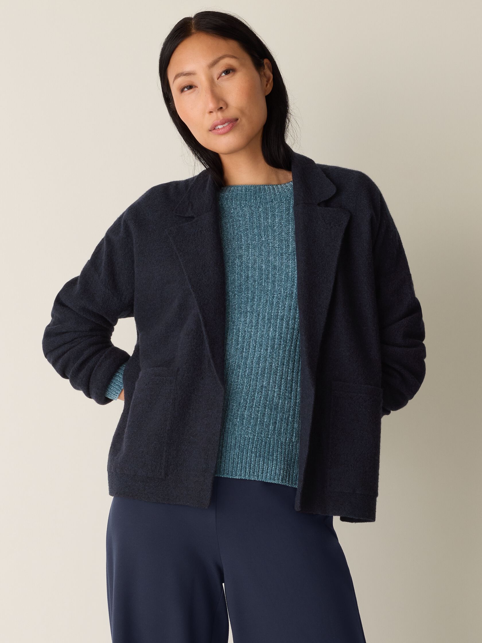 Fine Felted Wool Notch Collar Cardigan in Regenerative Wool