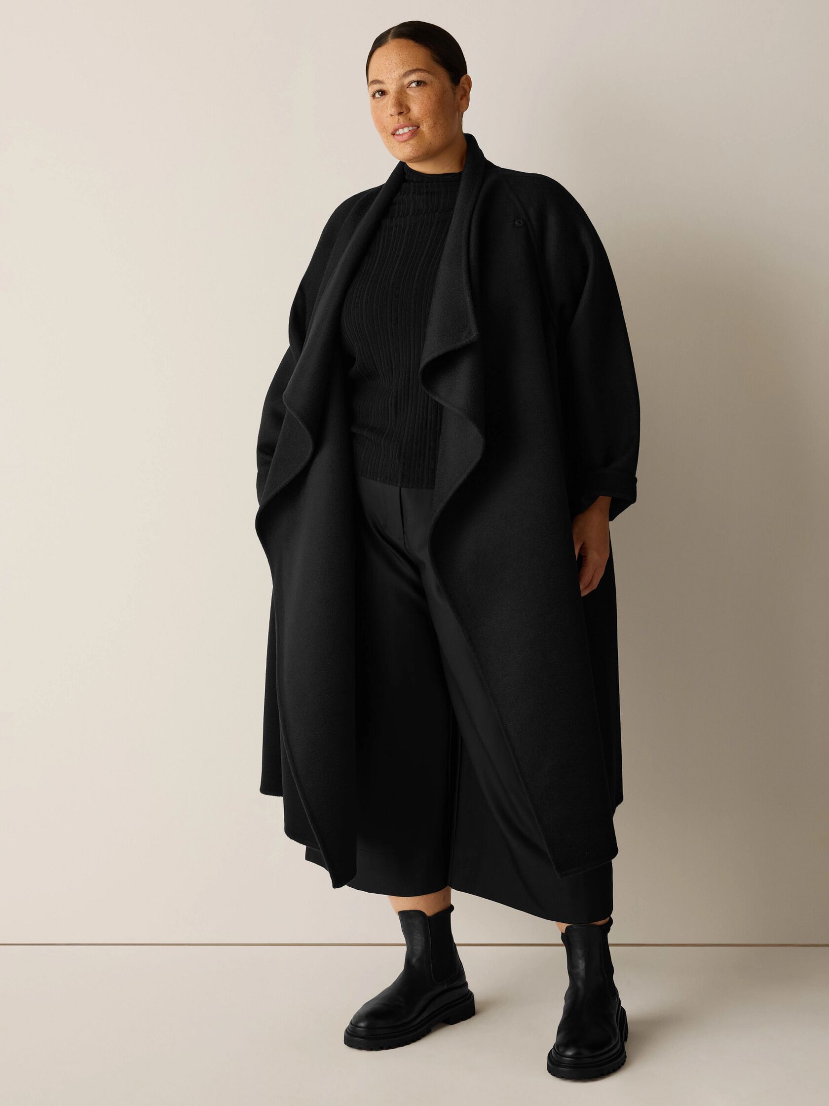 Lustrous Wool Drape Neck Coat