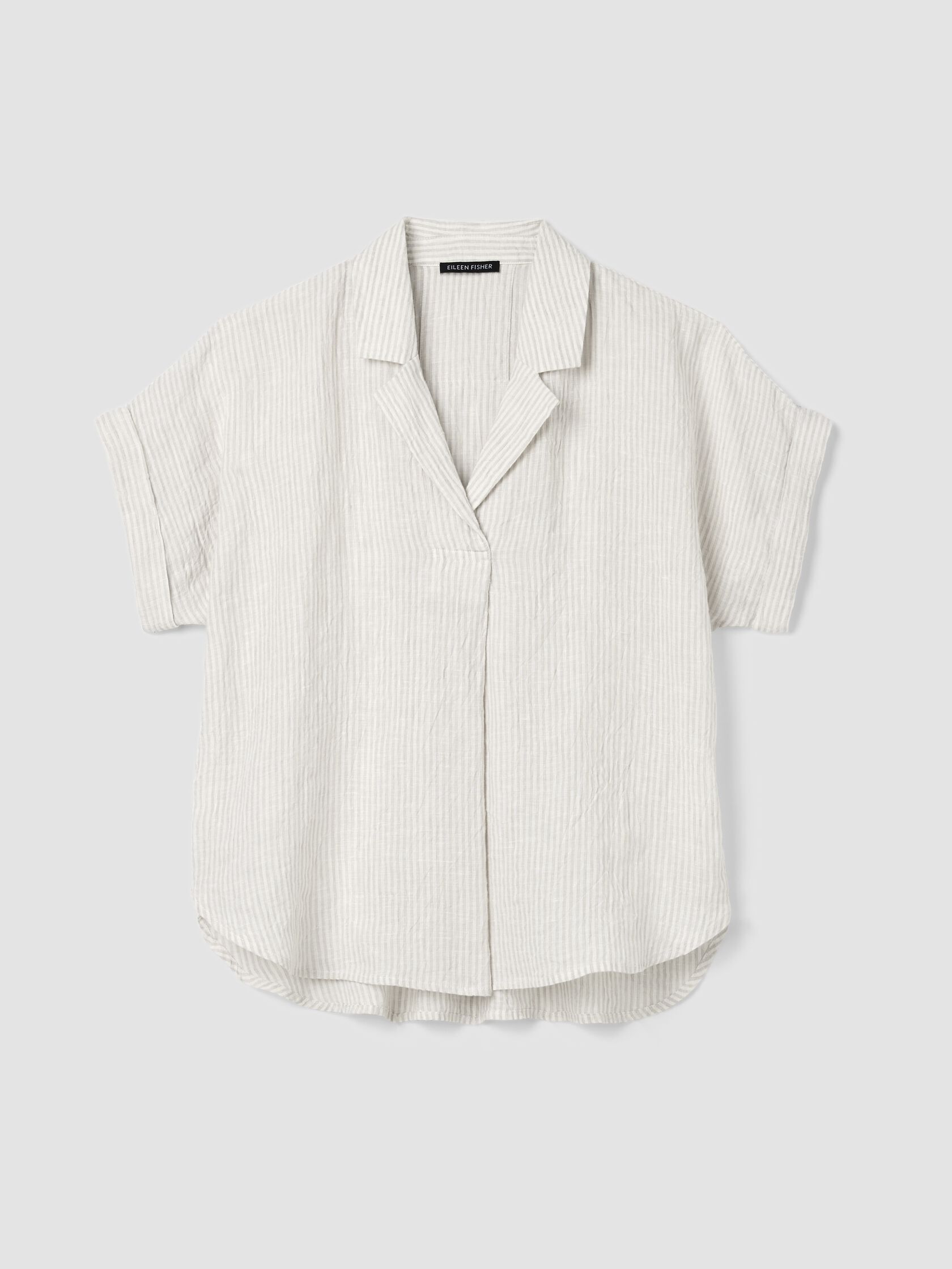 Puckered Organic Linen Stripe Notch Collar Top