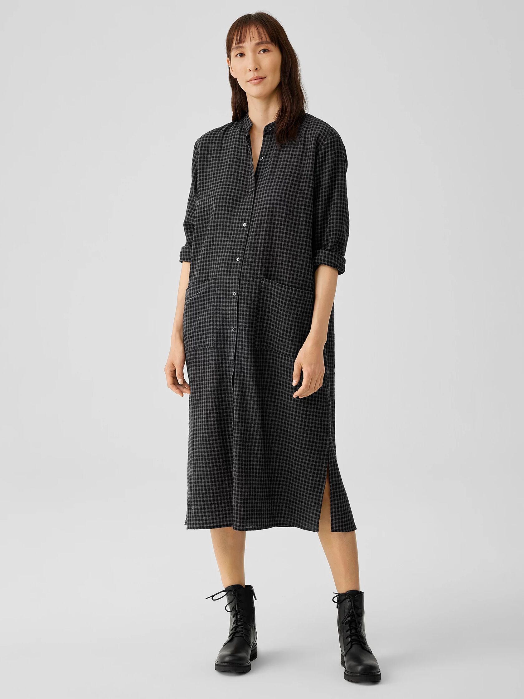 Wool Cotton Check Mandarin Collar Shirtdress