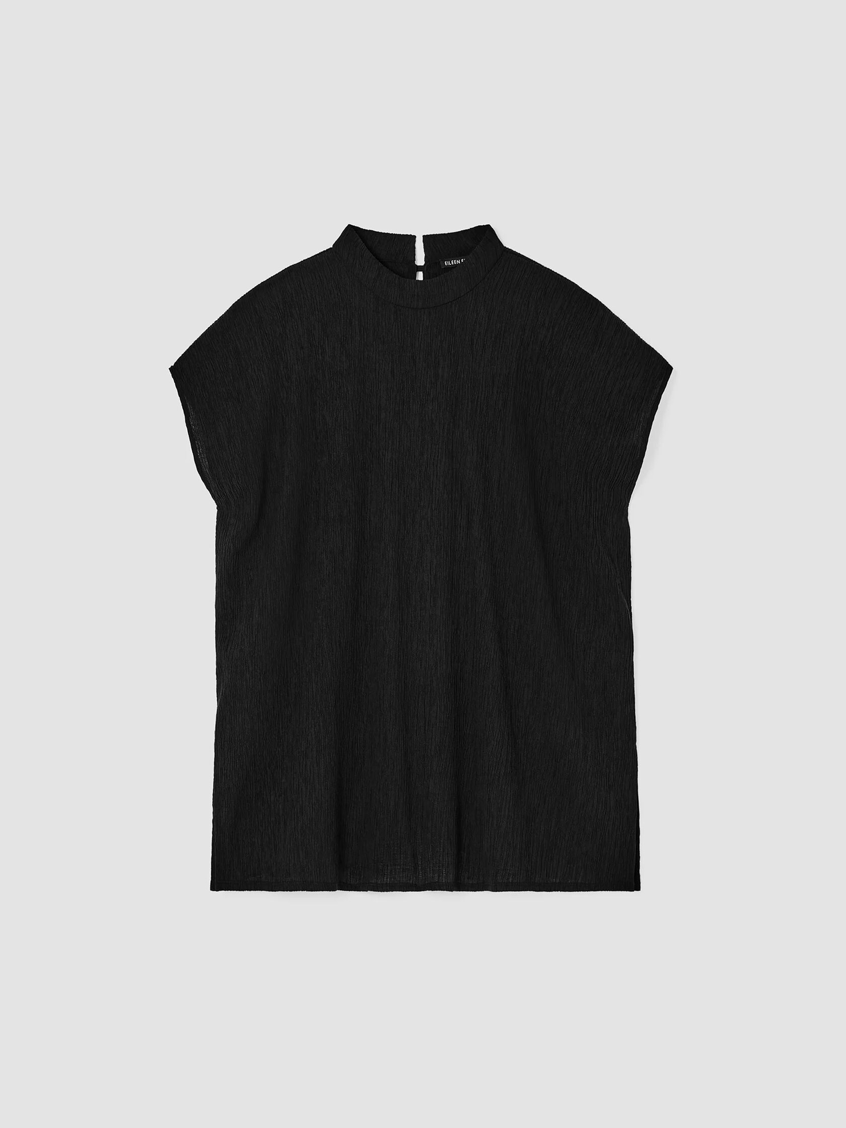 Woven Plissé Mock Neck Top