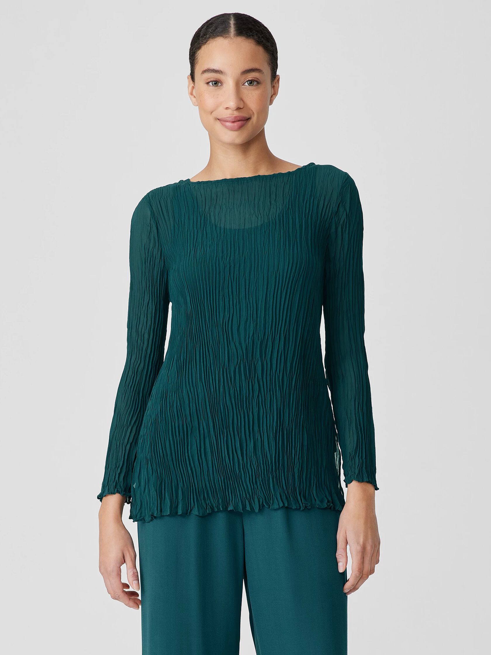Crinkled Sheer Silk Georgette Bateau Neck Long Top
