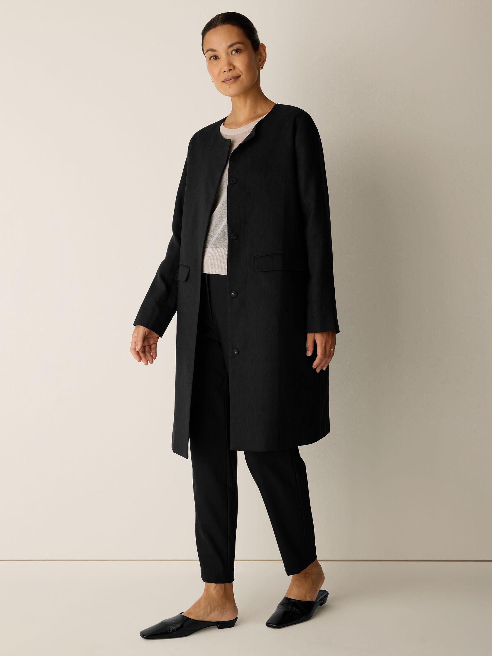 Textured Silk Weave Round Neck Coat
