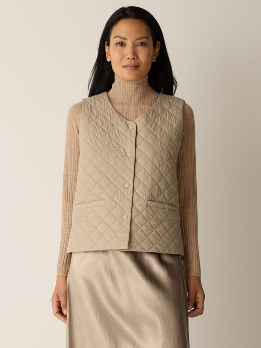 Eggshell Recycled Nylon Quilted V-Neck Vest
