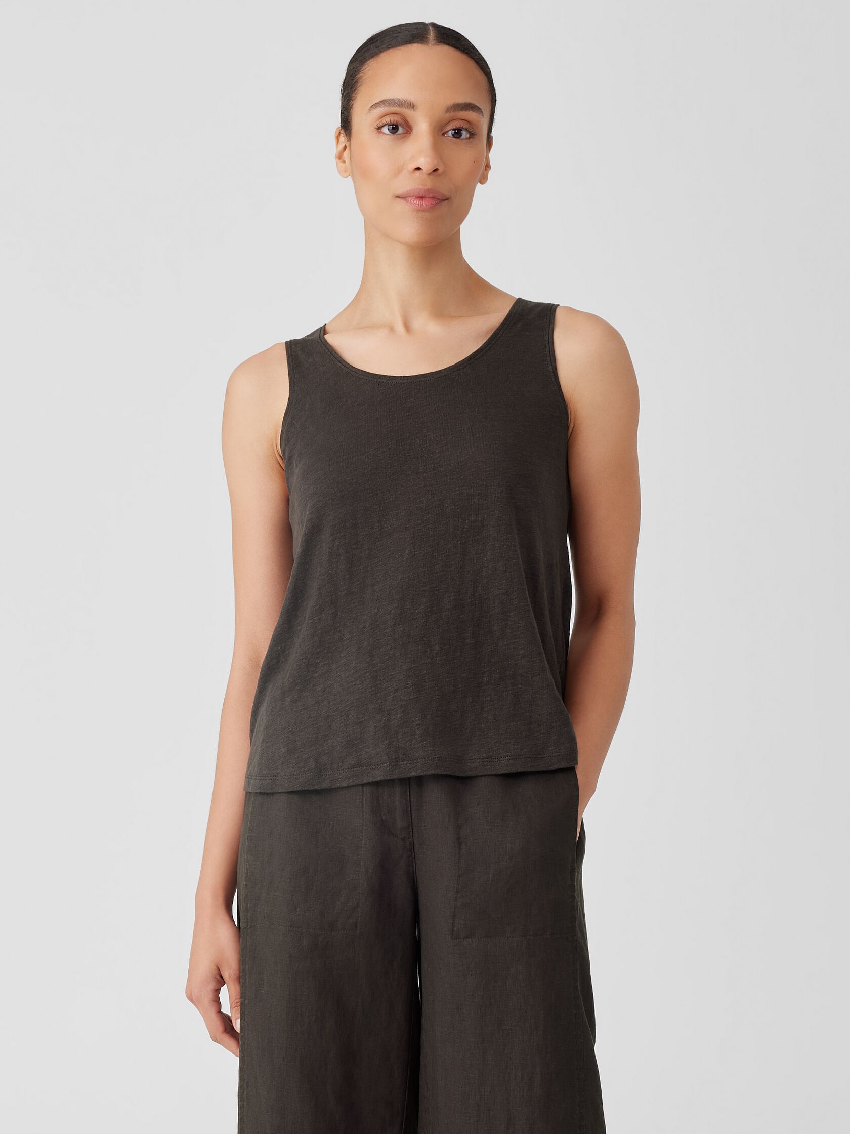 Eileen Fisher Plus Size Organic Linen Scoop Neck Sleeveless Jersey Knit Tank