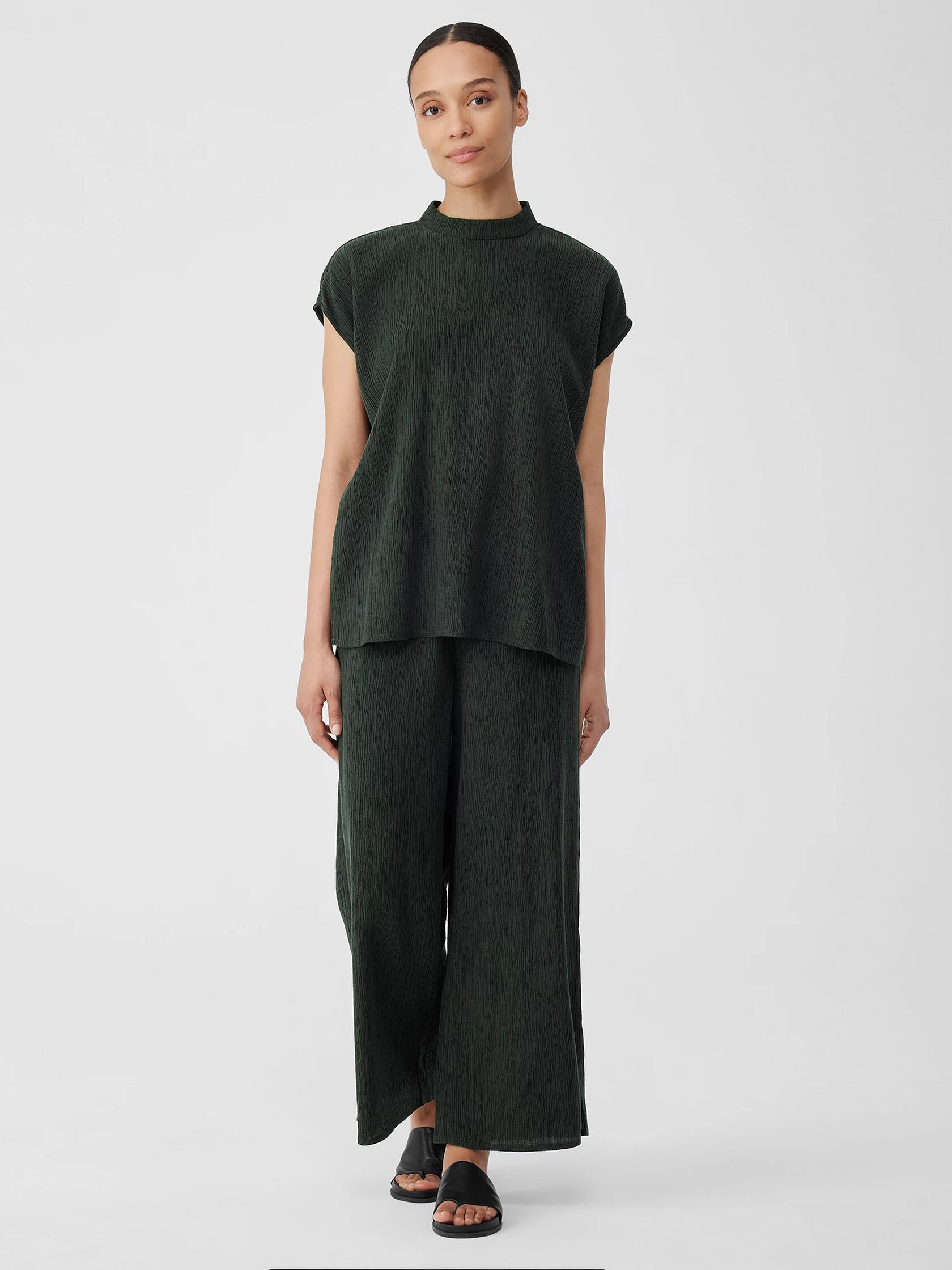 Woven Plissé Mock Neck Top