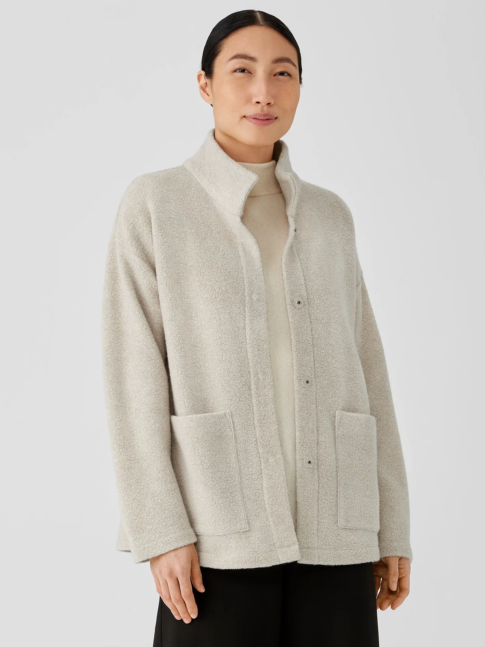 Boucle Wool Knit High Collar Jacket